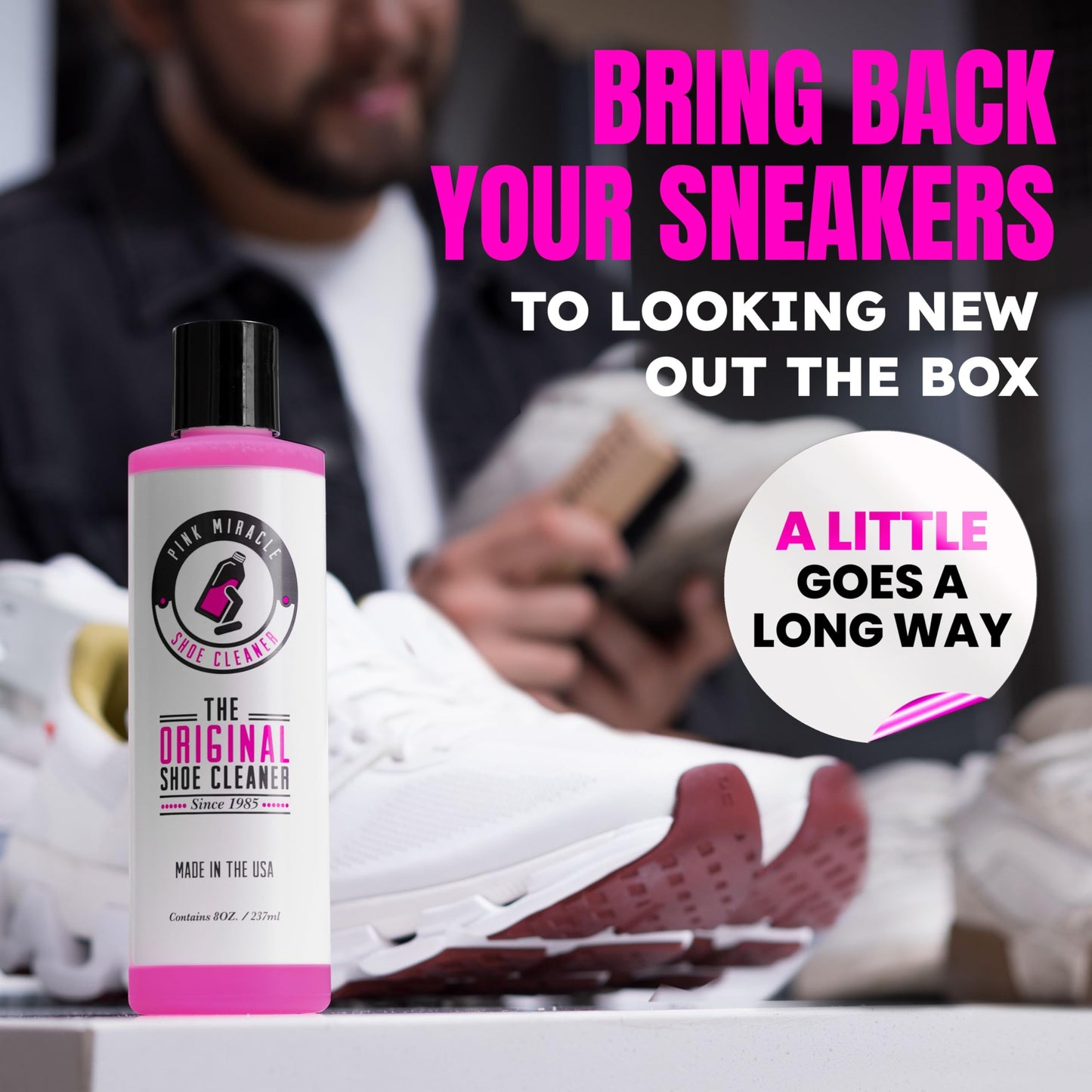 Pink Miracle Bottle - Shoe Cleaner - and Fabric Cleaner Solution With Free BONUS Brush - Works on Leather, Whites, Nubuck, Golf Shoes, Basketball Shoes, Boots, Sandals, Home and Car Upholstery - NON TOXIC