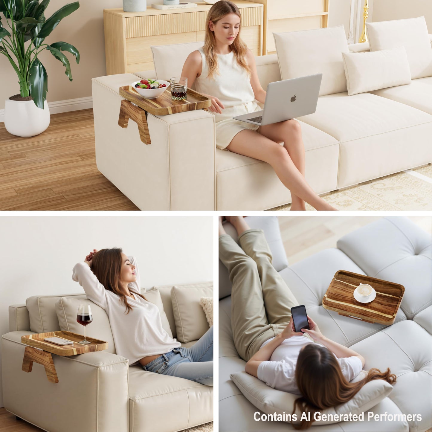 ZUJJAFY Couch Armrest Table, Acacia Wood Couch Arm Tray, Clip-On Sofa Arm Tray Table for Drink Eating Snacks Remote and Control