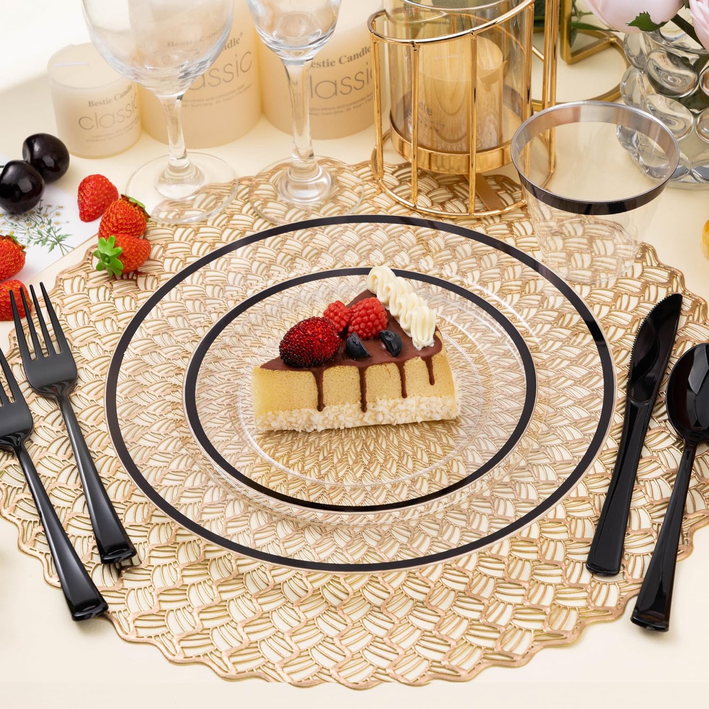 BESTSTAR 100PCS Black and Clear Plastic Plates, Black Disposable Plate Set with 50 Dinner Plates and 50 Dessert Plates for Party, Halloween, New year