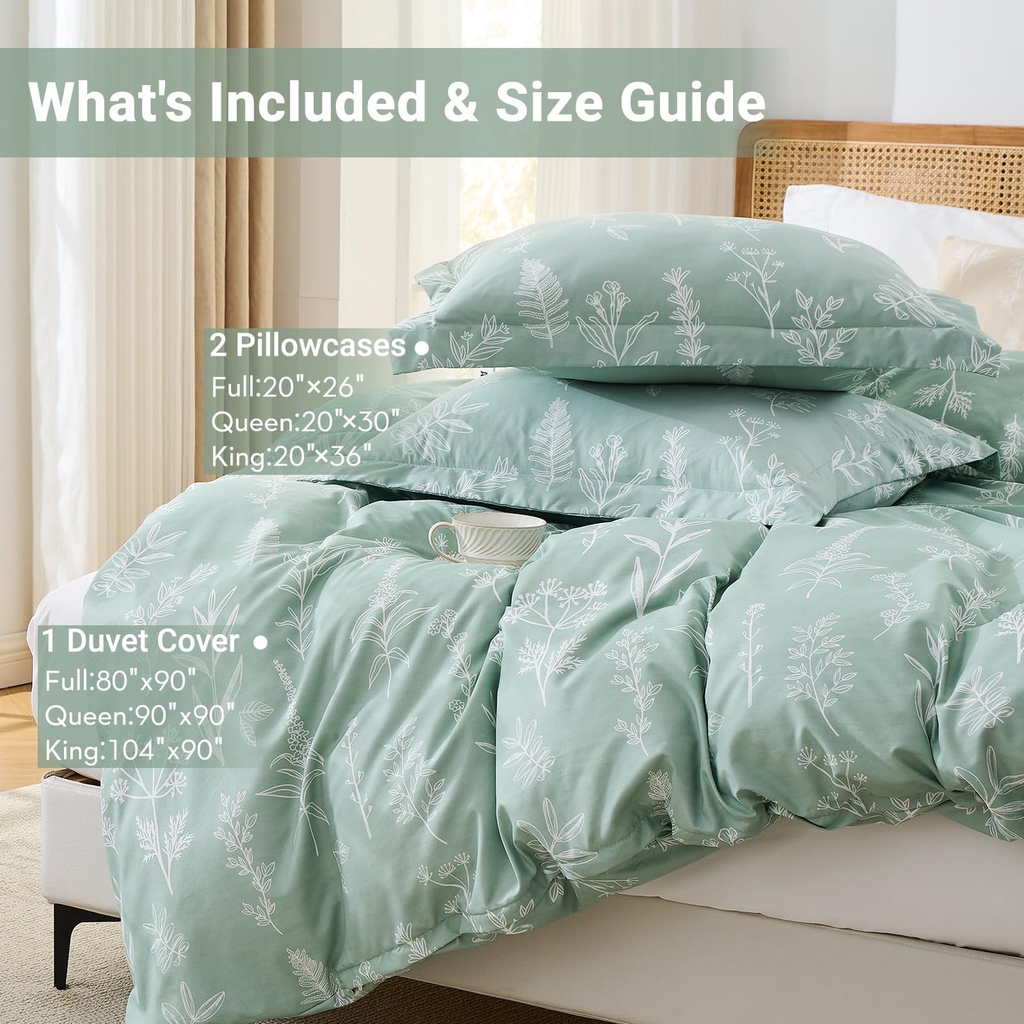 MUXHOMO Duvet Cover King Size, Reversible Floral Green Duvet Cover Set with Zipper Closure, 3 Pieces Botanical Patterns Soft Microfiber Bedding Set with 4 Ties (90"x104", 2 Pillow Cases)