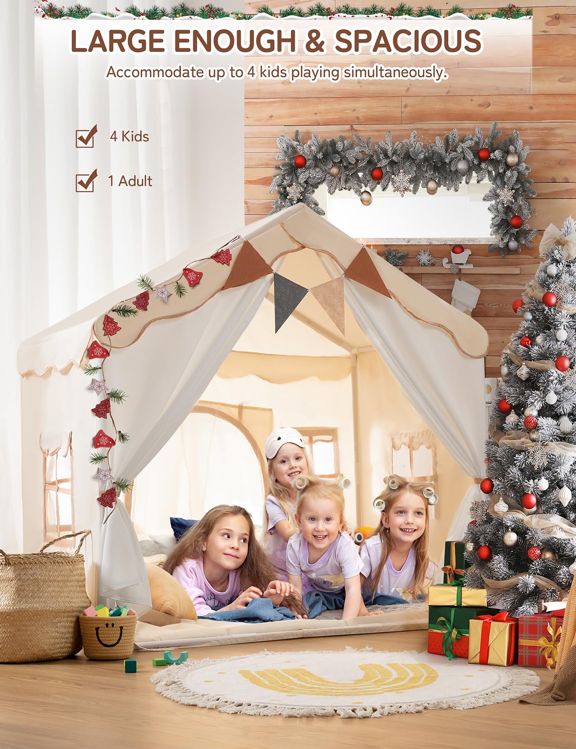 besrey Kids Tent, 2 in 1 Play Tents with Padded Mat and Lights, Large Playhouse for Kids with 2 Doors & 4 Windows, Kids Play Tent House Indoor & Outdoor, Toddler Tent for Girls Boys