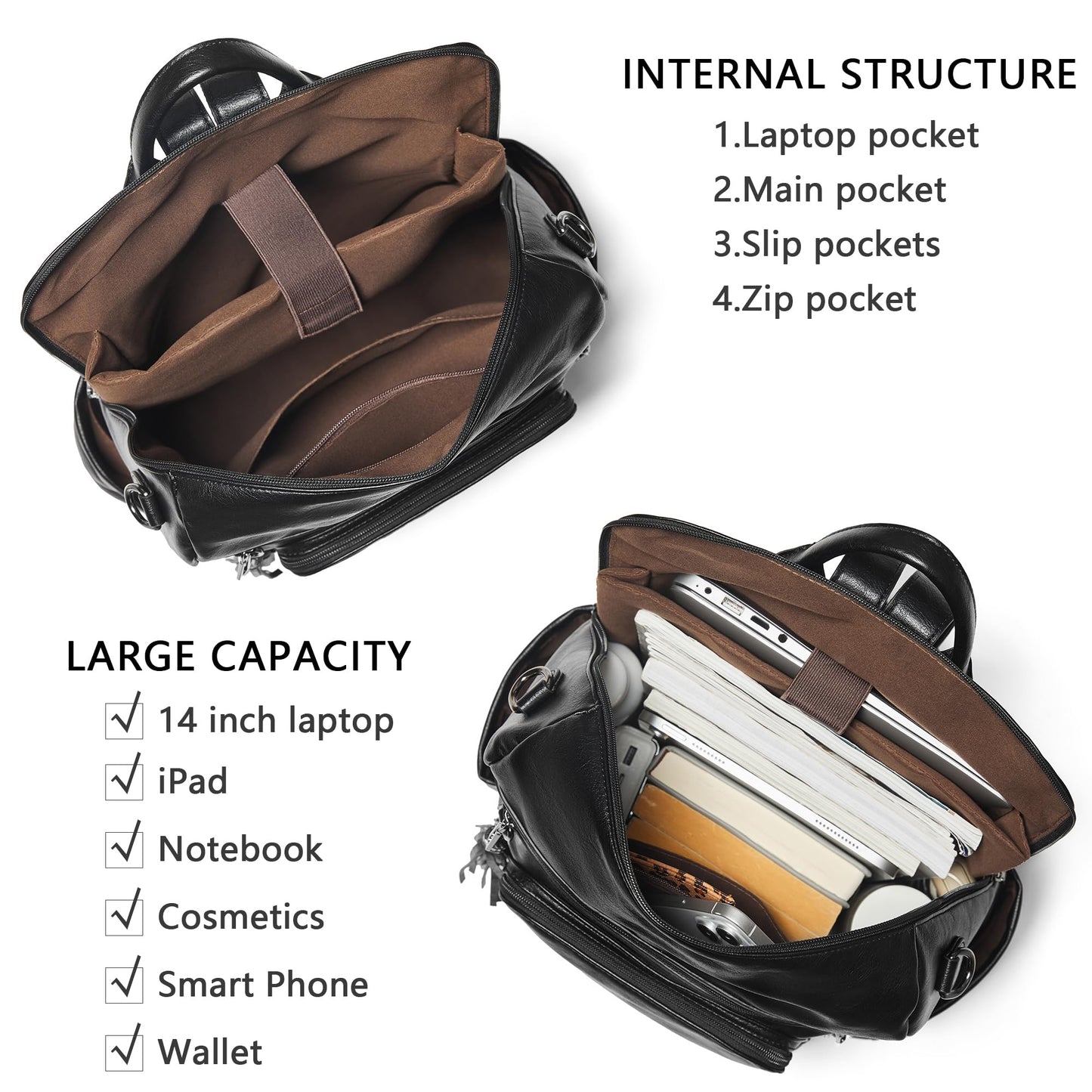 Shrrie Laptop Backpack for Women Vegan Leather 15.6 inch Laptop Bag Large Travel Backpack Purse for Business College Work Brown3