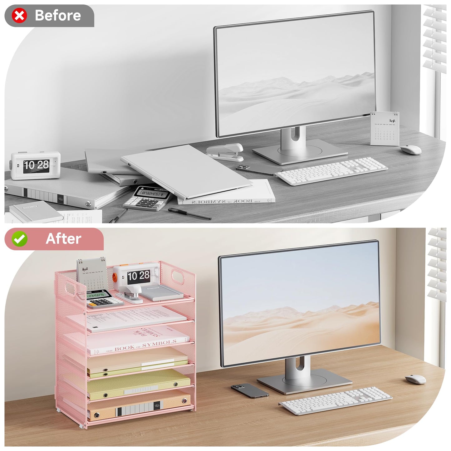 Marbrasse 6 Tier Desk Organizer, File Organizer with Handle, Mesh A4 Paper Organizer, Letter Tray for Office, Home or School (Pink)