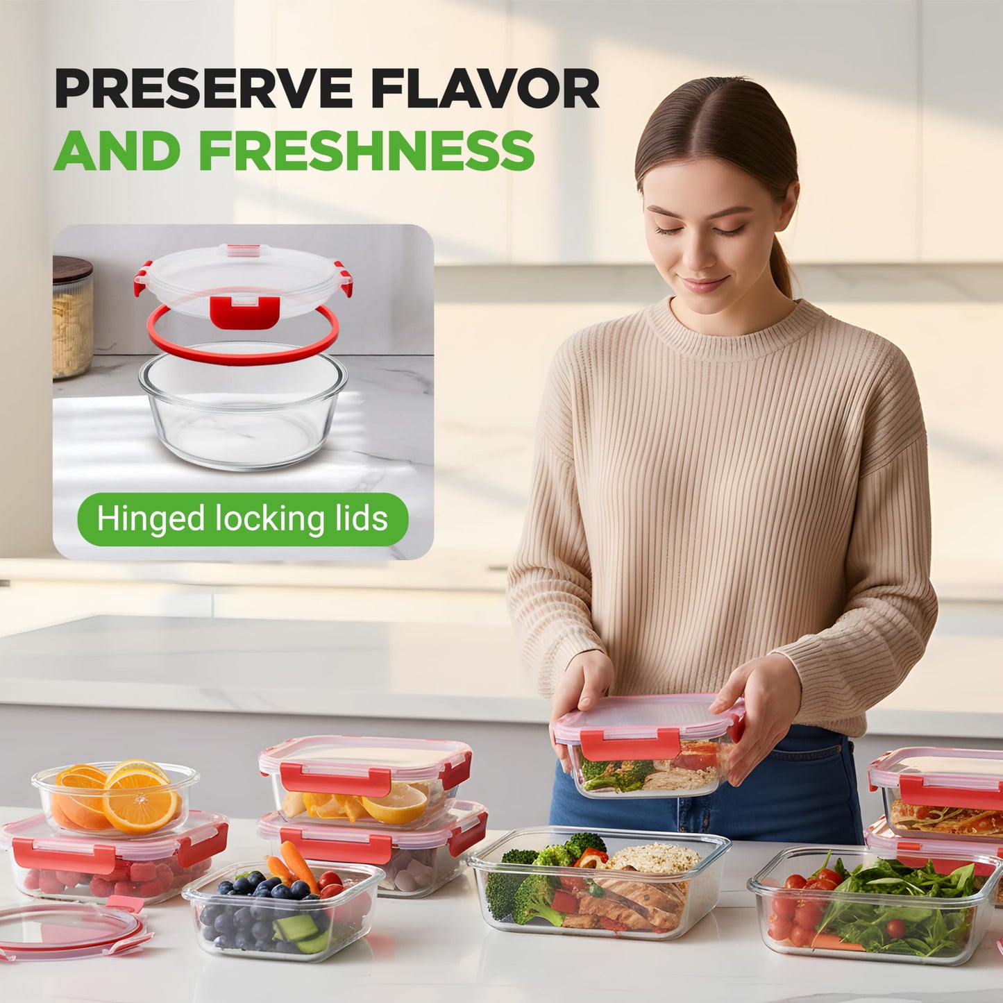 NutriChef 12 Piece Glass Food Storage Containers - Stackable Superior Glass Meal-prep Containers w/Newly Innovated Hinged BPA-Free 100% Leakproof Locking Lids - Freezer-to-Oven-Safe