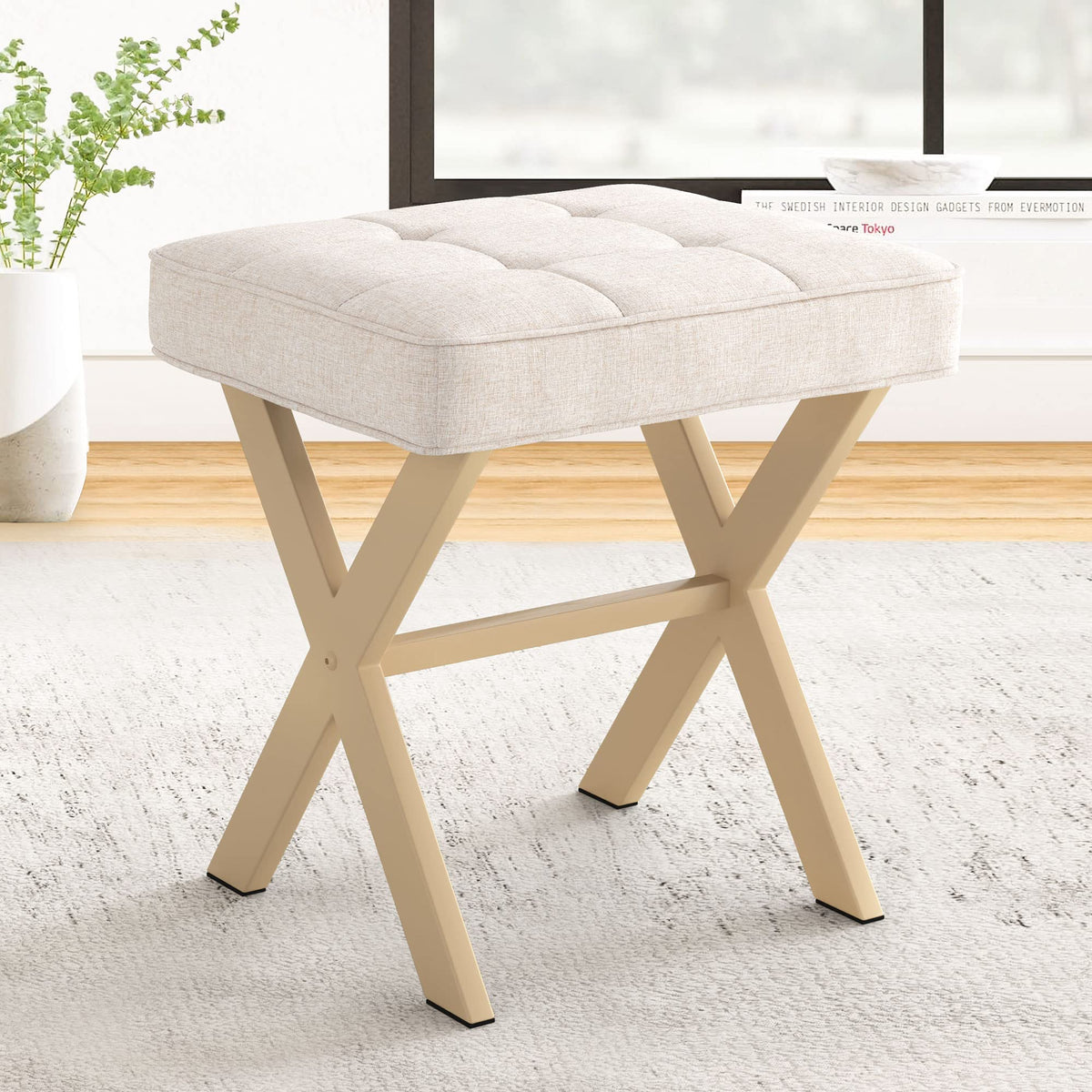 LUE BONA Vanity Stool, Square Linen Makeup Stool with Metal X Legs, Modern Padded Vanity Seat Foot Rest Stool for Makeup Room, Bathroom, Linen Color