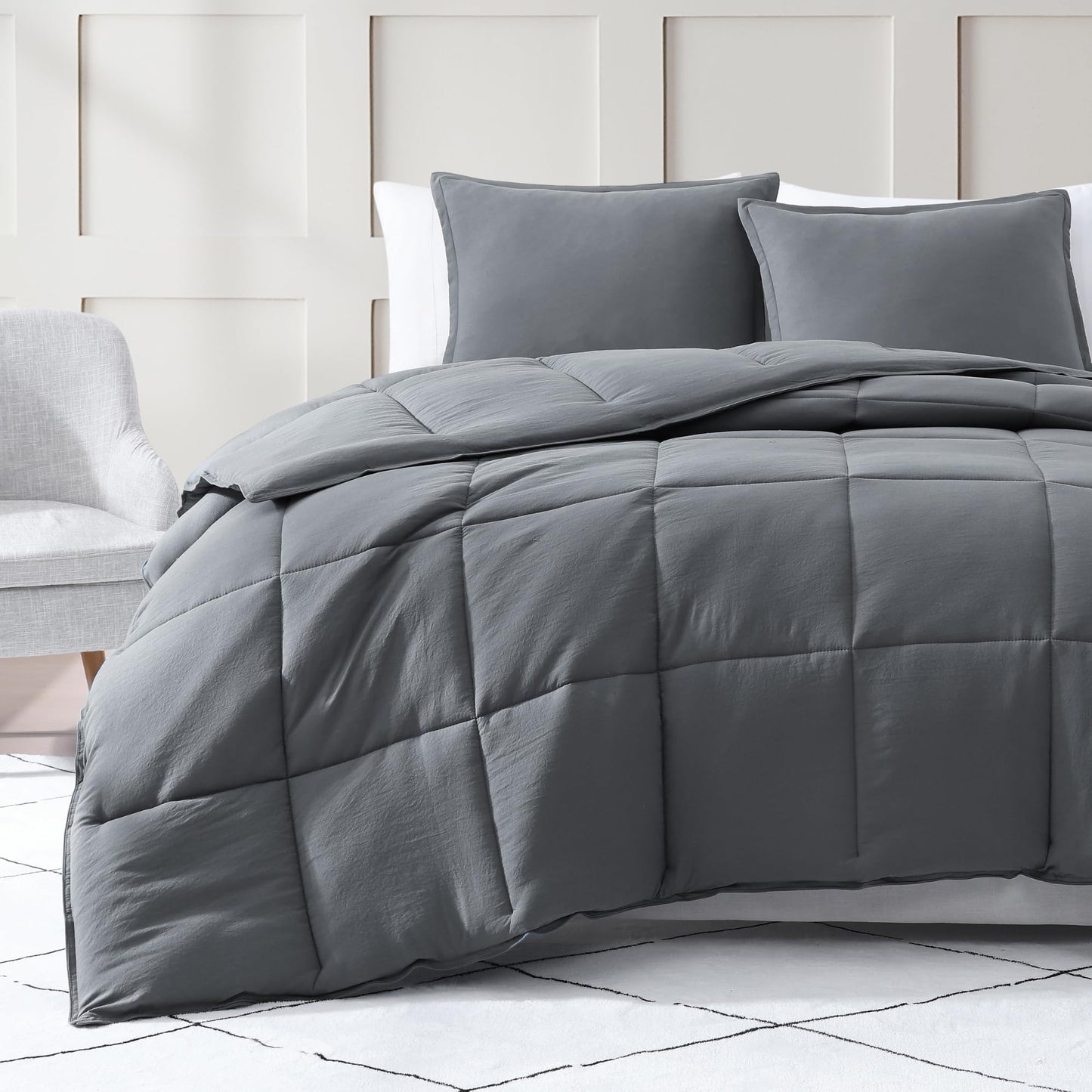 Casa Platino Queen Comforter Set 3 Piece - Charcoal Grey - 300 GSM Fill Weight Down Alternative All Season Bedding - Pre-Washed Brushed Microfiber - Oeko-TEX - Corner Tabs - 88"×88"