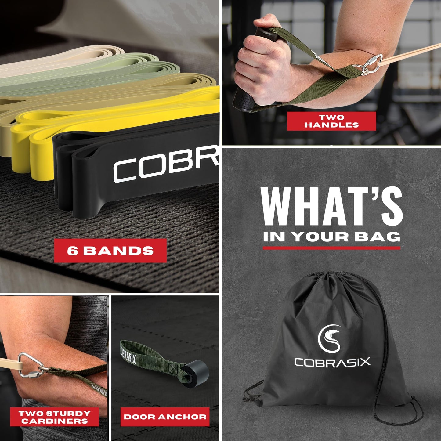 COBRASIX Resistance Bands for Working Out Men and Women | Set of 6 Resistance Bands with Attachments | Powerlifting, Stretching, WOD, Strength Training and Pull Ups [6 Piece Set with Bar]