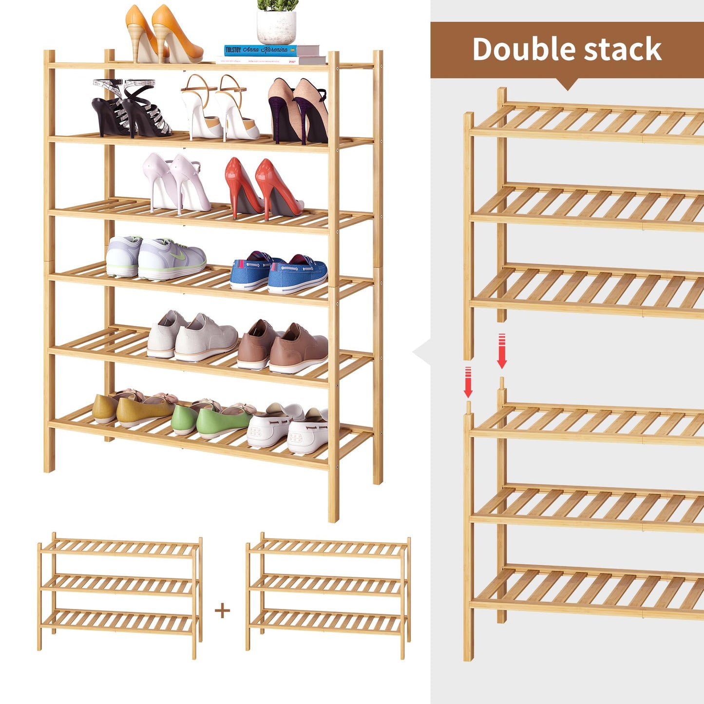 FILWH Bamboo Shoe Rack Stackable Shoe Shelf Storage Organizer for Unit Entryway Hallway and Closet Sturdy Freestanding Shoe Shelf (Natural, 3-Tier/27 * 11 * 18.3IN)