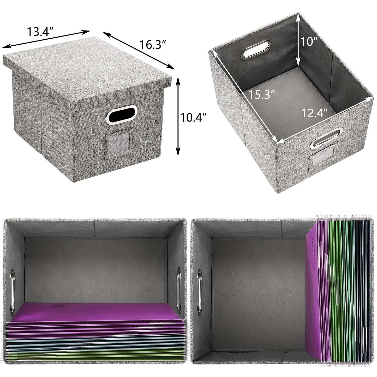 Hedume Set of 2 File Organizer Box, Collapsible Linen Filing Cabinets, Decorative Linen Filing Storage Hanging File Folders with Lids and Durable MDF Board, Space Saving File Folder Storage