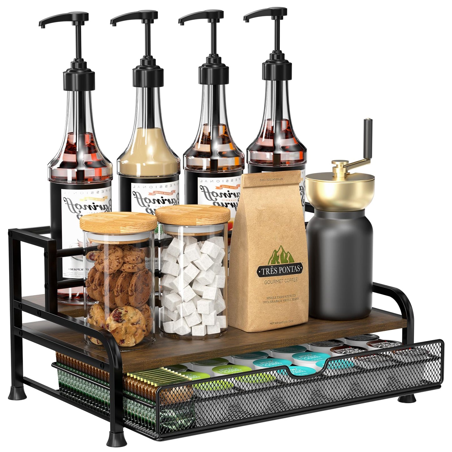 Coffee Syrup Rack Organizer, 3-Tier 8 Bottles Syrup Rack with 35 K Cup Storage Basket Coffee Bar, Countertop Bottle Holder Stand for Wine, Dressing for Kitchen Cafe Station