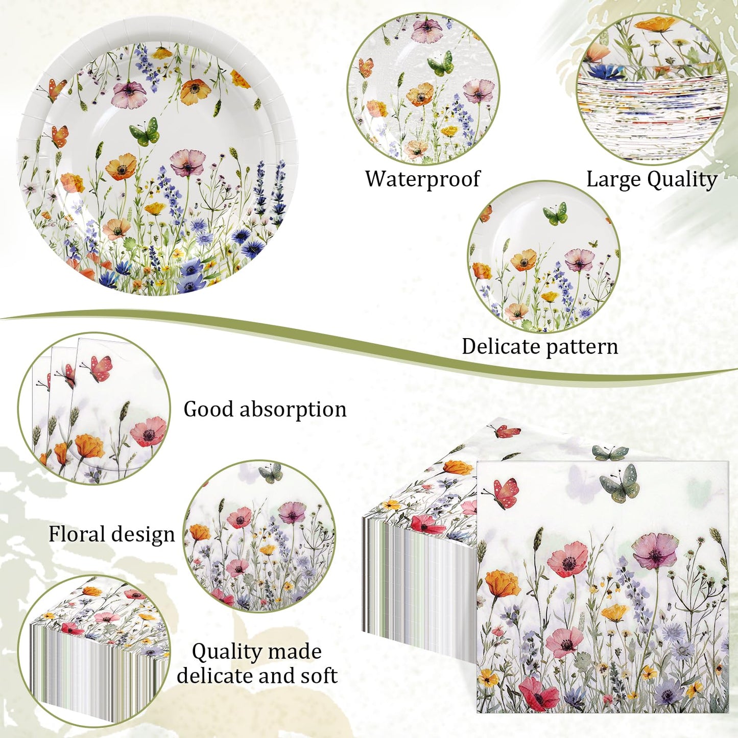 250 Pcs Wildflower Party Supplies Include Spring Floral 9 Inch and 7 Inch Paper Plates Napkins and Cups for Baby Shower Wedding Tea Party Decorations, Serve 50 Guest (Pink)