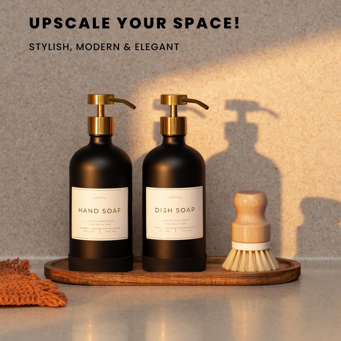 Verute 500ml Glass Soap Dispenser with Stainless Steel Pump, 21 Waterproof Labels, Non-Slip Protective Silicone Pad, Set of 2 for Bathroom & Kitchen (Matte Black Bottle/Brushed Gold Pump)