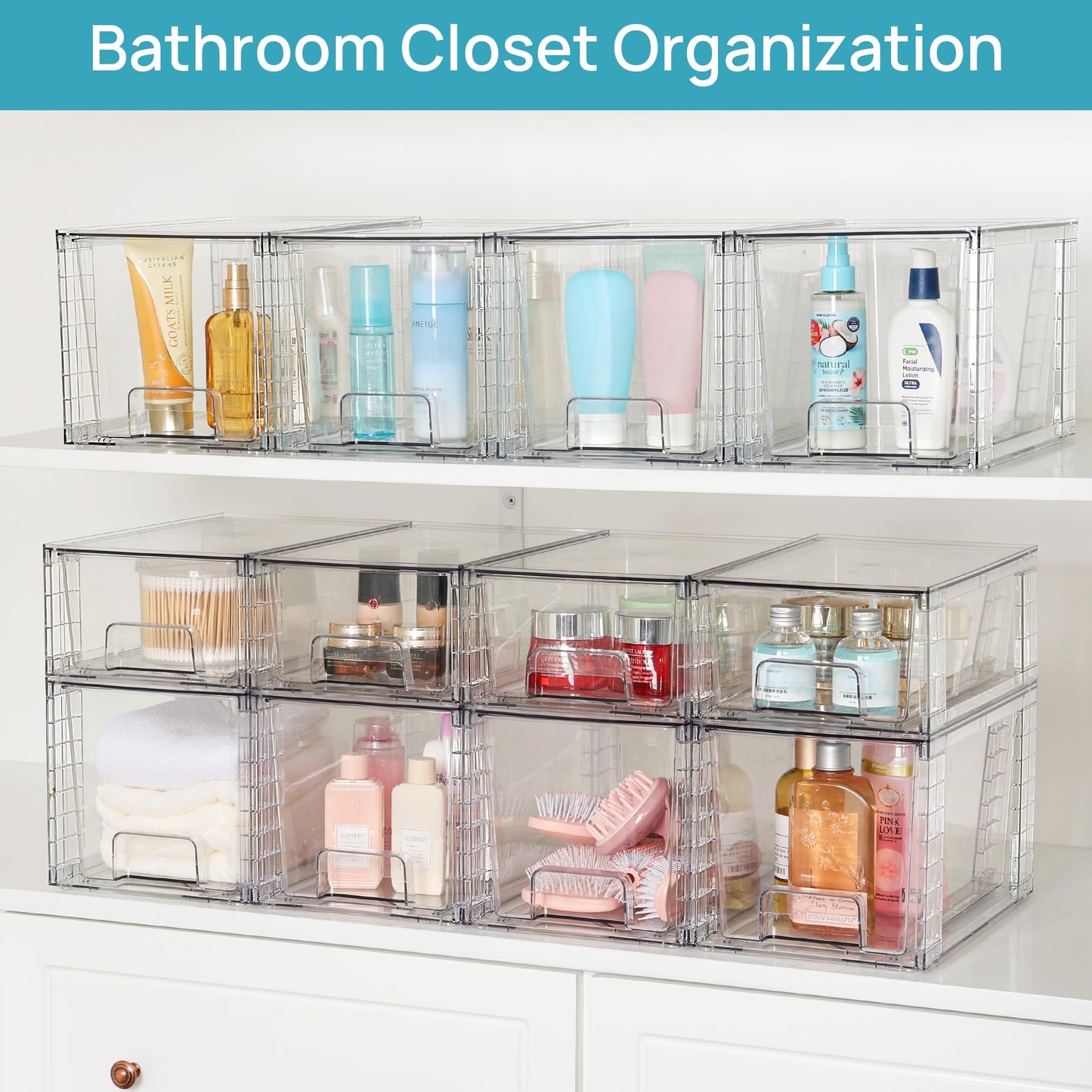 Vtopmart 4 Pack Large Stackable Storage Drawers,Clear Acrylic Drawer Organizers with Handles, Easily Assemble for Bathroom,Kitchen Undersink,Cabinet,Closet,Makeup,Pantry Organization and Storage