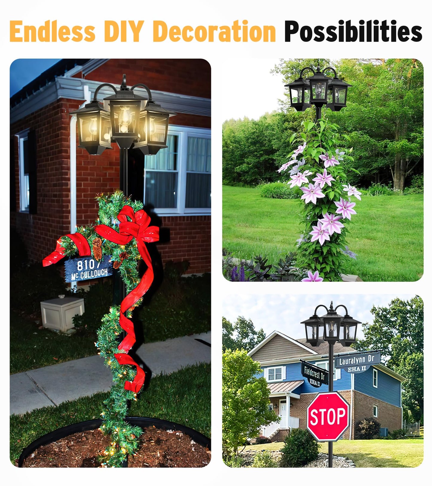 73" Aluminum Solar Lamp Post Light, 3-Head Solar Light Posts for Outside Waterproof, 90Lm Outdoor Lamps for Patio, Backyard, Front Porch Decor, Warm White, Replaceable Bulb