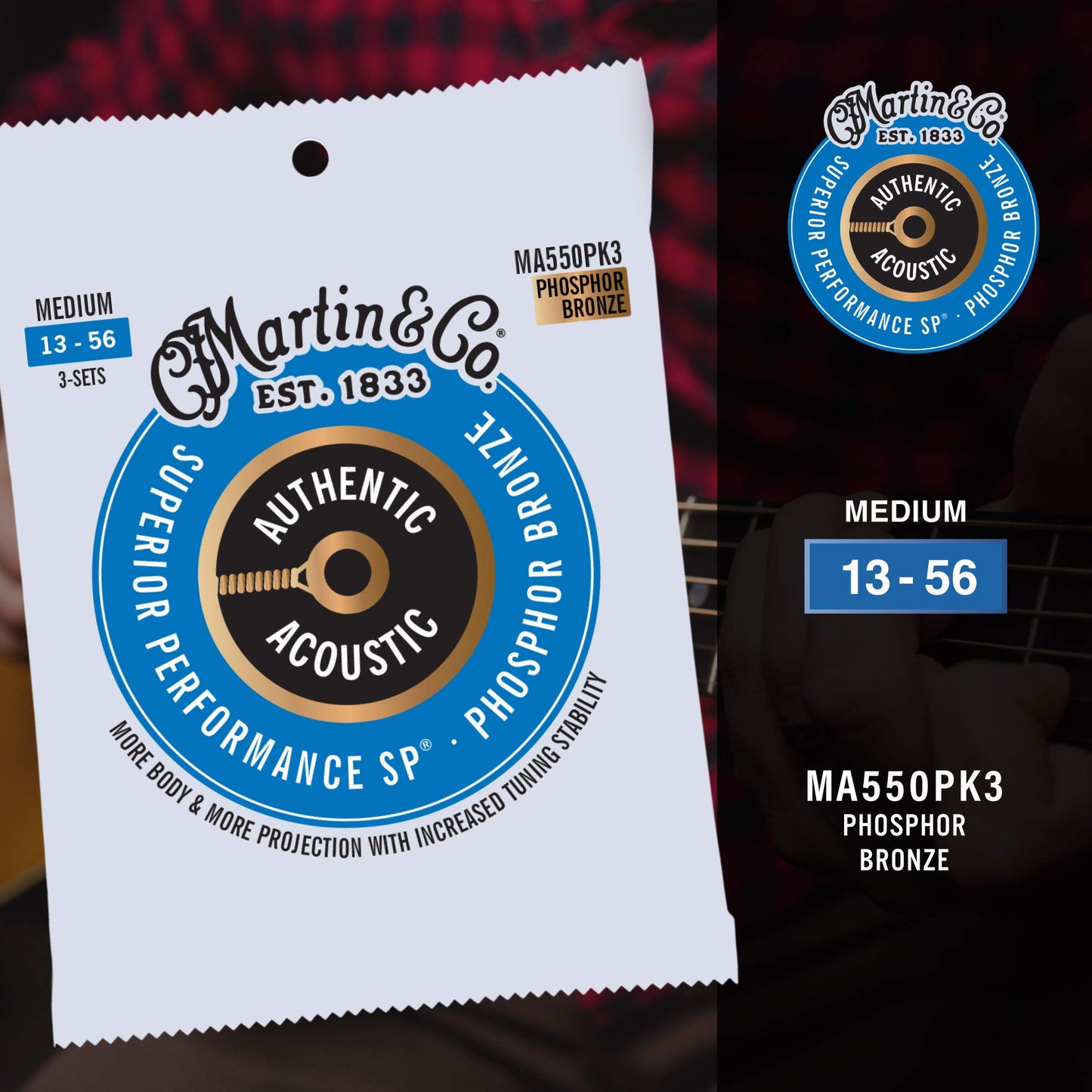 Martin Authentic Acoustic Guitar Strings - 3 Pack - Superior Performance 92/8 Medium