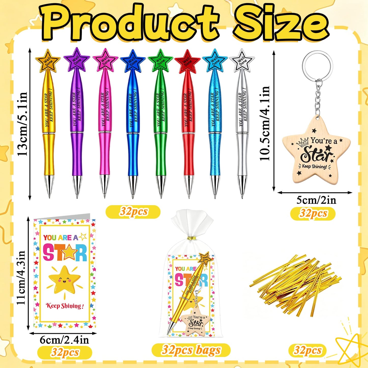 Natonhi 32 Sets End of Year Student Gifts from Teacher Bulk with Star Keychain Cute Pens Gift Card for Students from Teacher for Classroom Party Favors Home Office learners Graduation Party Supplies