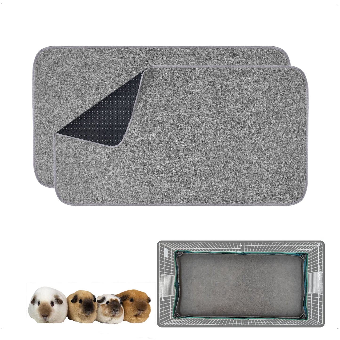 GINIDEAR Guinea Pig Cage Liner, Washable & Reusable Leakproof Fleece Guinea Pig Bedding Pads for Midwest and C&C Cages with Anti-Slip Bottom. for Midwest(27"x51"), 2 Pack