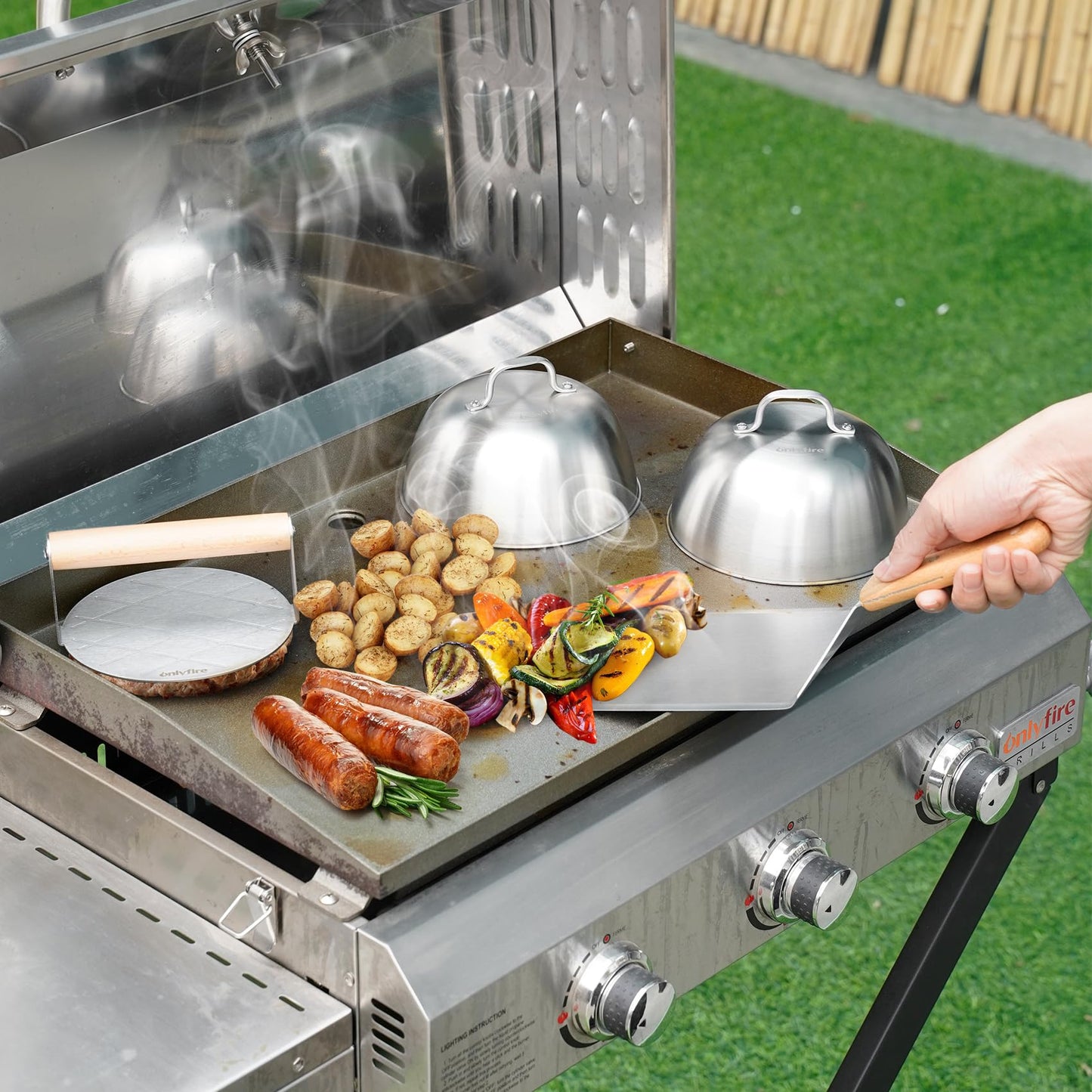 only fire Griddle Accessories Kit,Cheese Melting Dome & Burger Press Kit,6 Inch Basting Cover with Burger Smasher & Grill Spatula for Outdoor Griddle BBQ, Flat Top Teppanyaki Grilling & Steaming