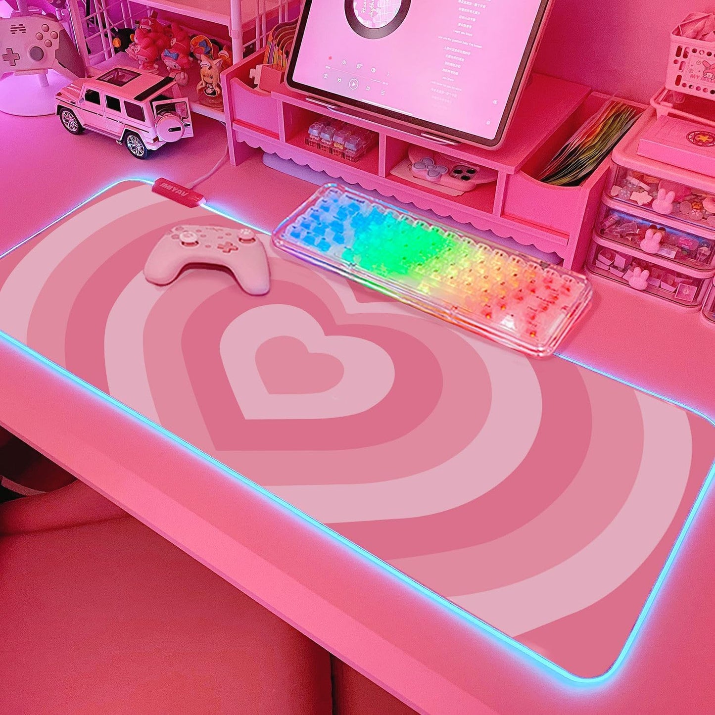 JMIYAV Pink RGB Gaming Mouse Pad 31.5x12 Inch PC XL Large Extended Glowing Led Light Up Desk Pad Non-Slip Rubber Jmiyav Base Computer Mouse Pad Cute Mousepad Mat 31.5x12 Inch Love