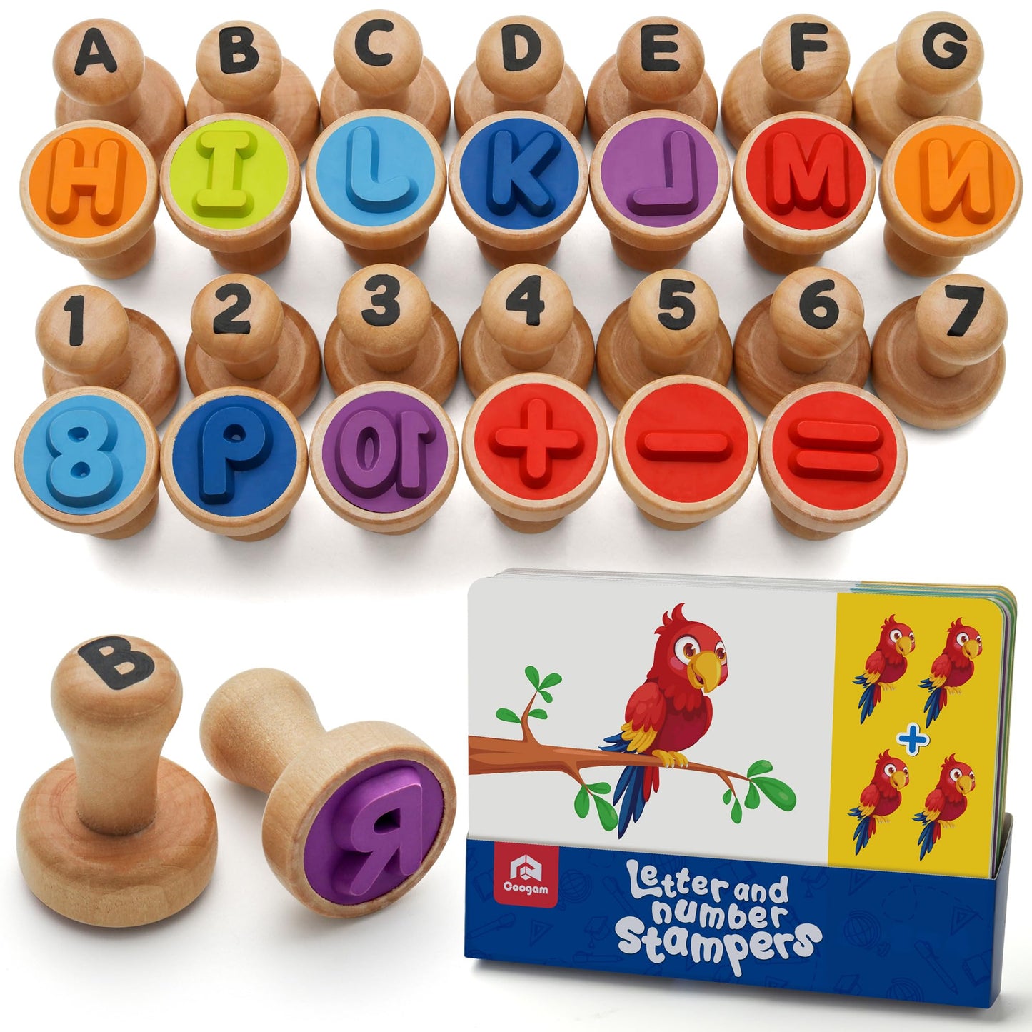 Coogam Wooden Alphabet Number Stamp Flashcard, ABC Spelling Letter Stampers and Mathematics Learning Number Stampers Arts and Crafts Supplies, Montessori Educational Toy Gifts for Kids