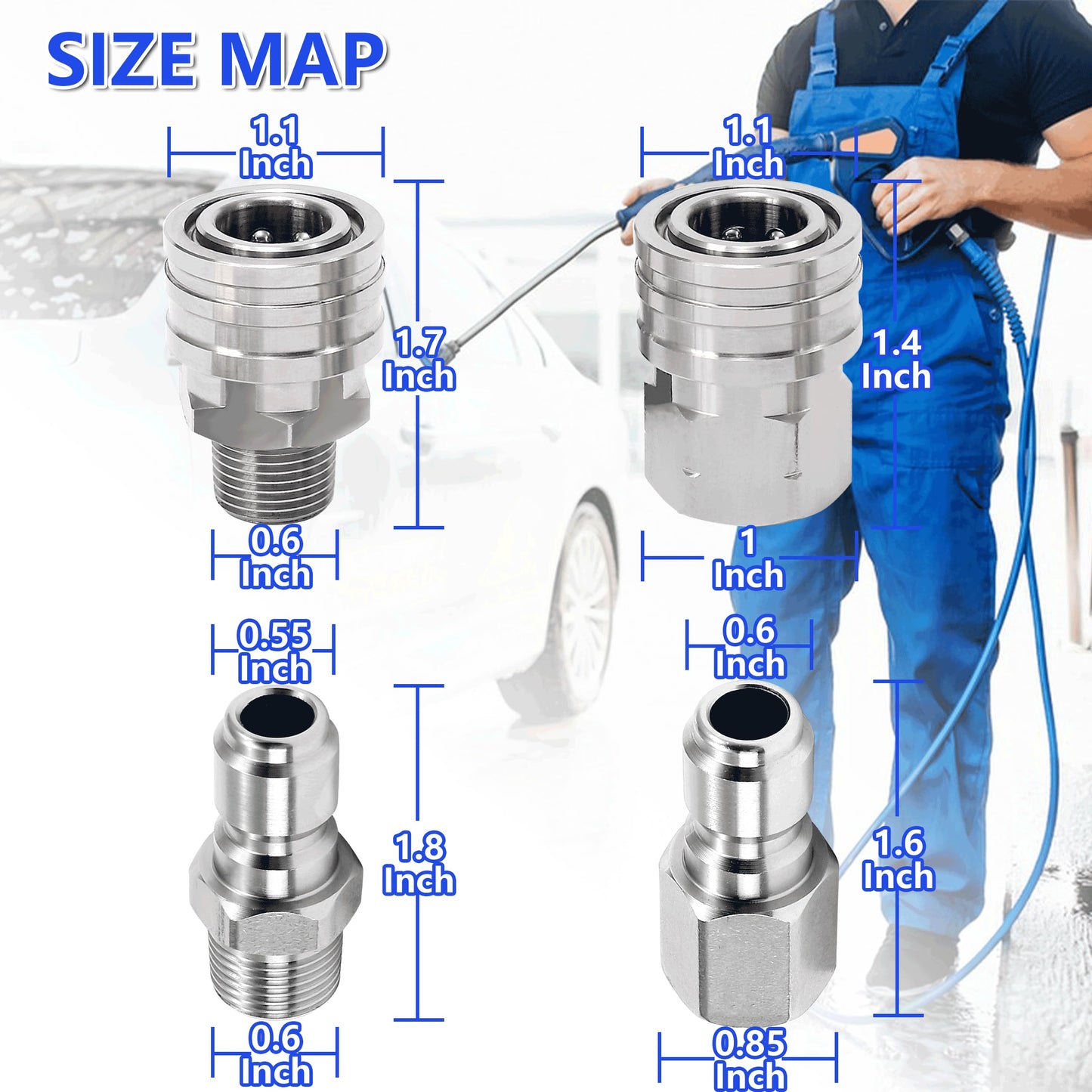 RIDGE WASHER Quick Connect 3/8 Inch Pressure Washer Adapter Set, Stainless Steel Fittings, Female and Male NPT Thread, 8 Pcs