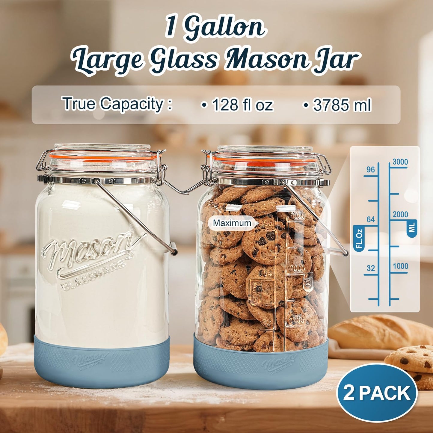 1 Gallon Glass Jars with Airtight Lids 2 Packs, Wide Mouth Mason Jars with Clip Top Lids & Stainless Steel Handle & Silicone Base, Glass Storage Containers for Kitchen Storage, Pickling - Dual Scale