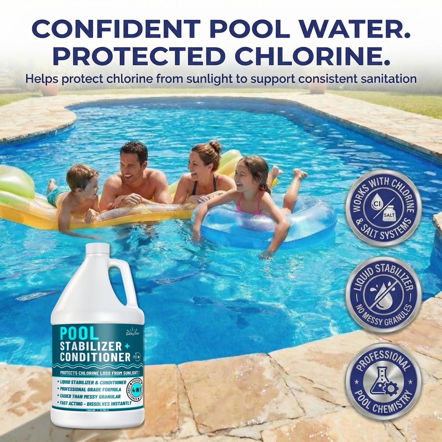 BubbyShine, Pool Stabilizer - Cyanuric Acid Pool Stabilizer, Liquid Chlorine Stabilizer for Pool Chemicals, Swimming Pool Conditioner Stabilizer, Pool Stabilizer for Salt Pool & Chlorine, 1 Gallon