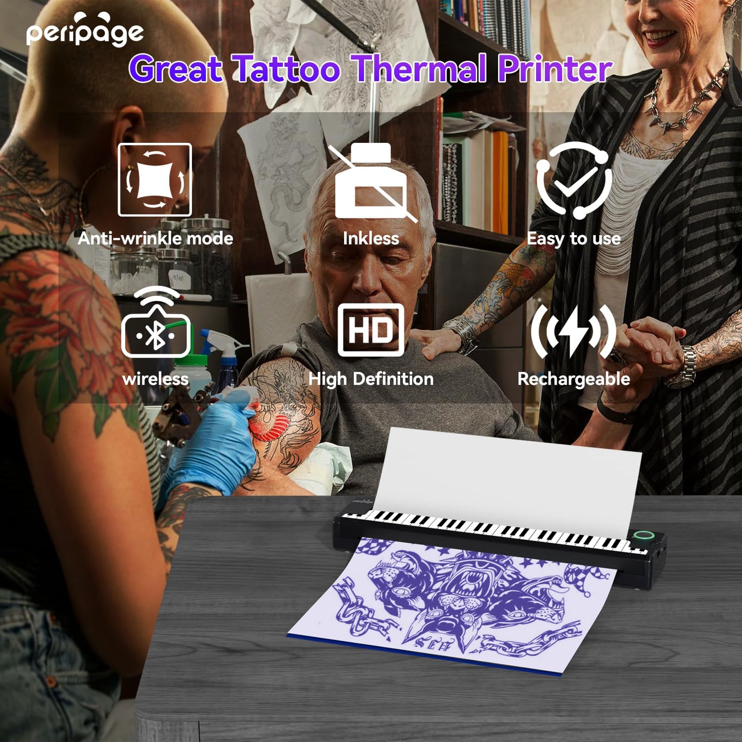 Tattoo Thermal Printer,Bluetooth Tattoo Stencil Machine, Portable Tattoo Transfer Printer Compatible with Phone, iPad & PC, Suitable for Tattoo Enthusiasts