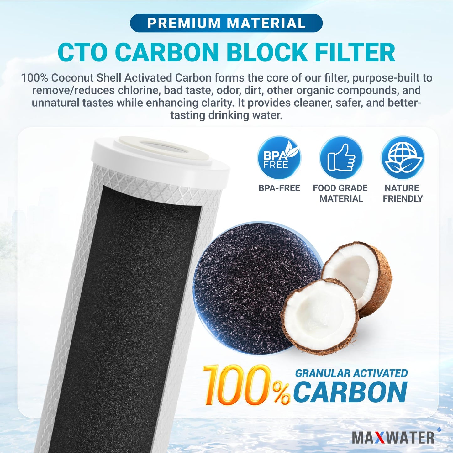 Max Water 5 Micron, 10 x 2.5 Whole House CTO Activated Carbon Filter Replacement Cartridge, Coconut Shell Carbon Block for Whole House System and Standard RO Compatible with WFPFC8002, FXWTC (10 Pack)