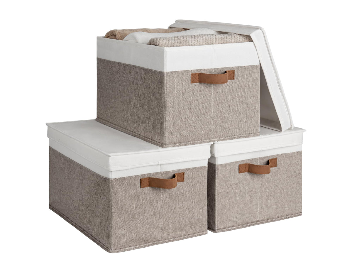 StorageWorks Lidded Large Storage Bins, Foldable Closet Basket with PU Sewn Handles, Decorative Boxes for Clothes, Blankets, Brown and White, Jumbo, 3-Pack