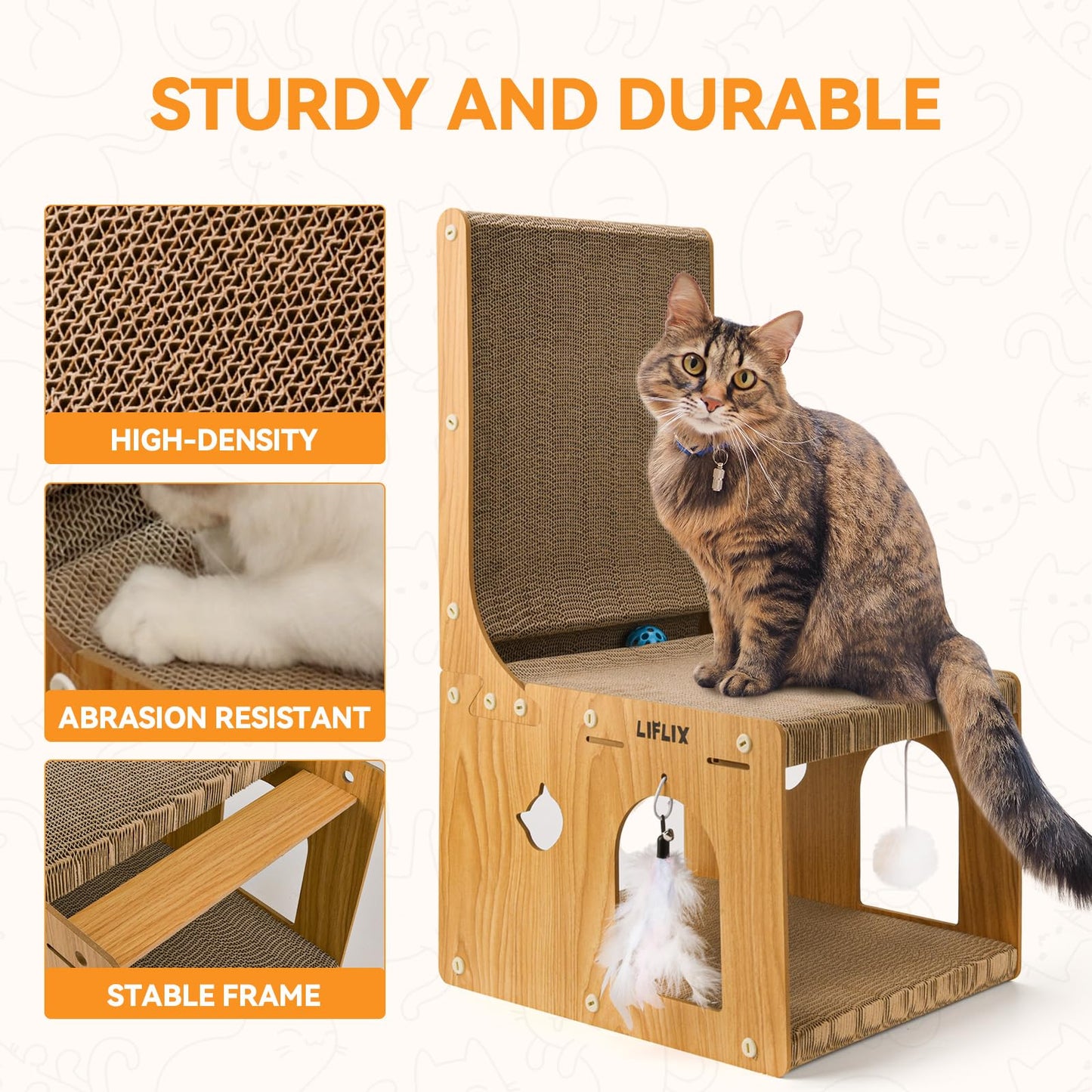 LIFLIX Double-Layer L-Shaped cat Scratching Board, Cardboard cat Scratching Post with Toys, Hideaway & Cat Scratcher for Indoor Cats to Scratch, Rest, Play