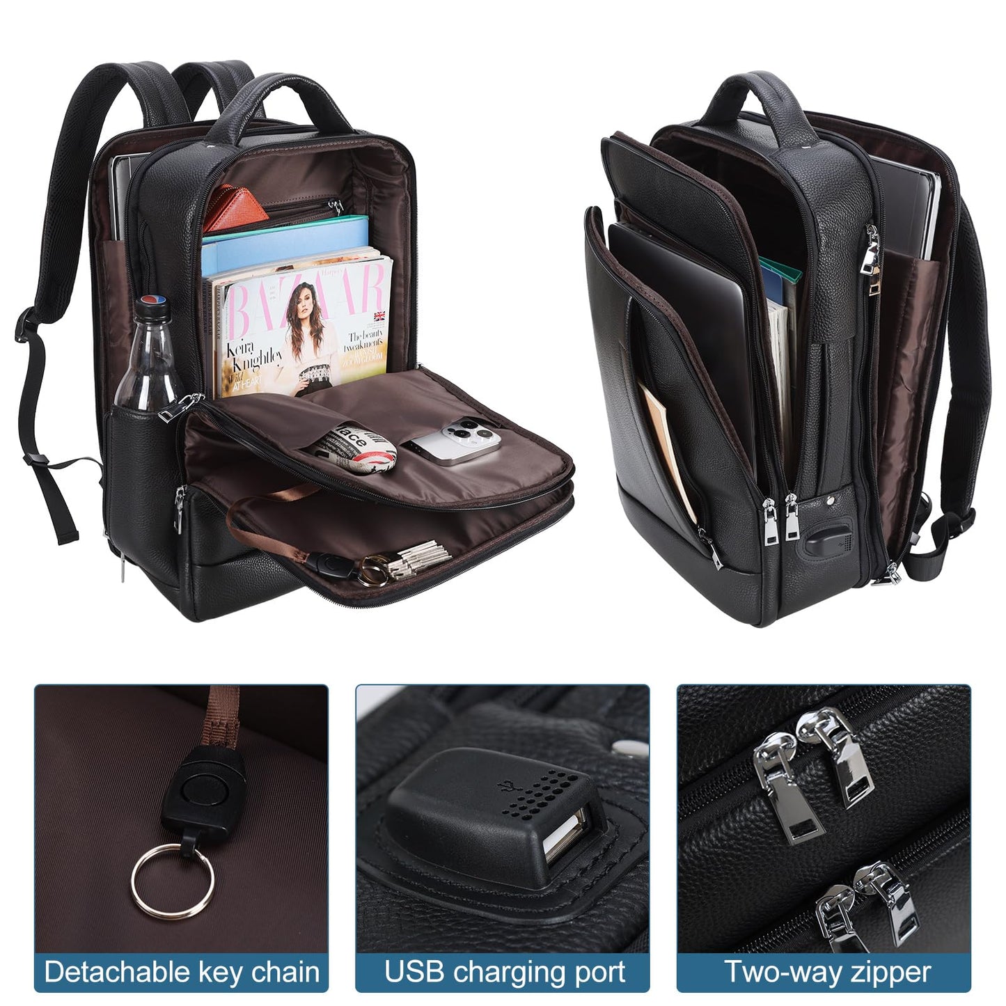 TIDING Men's Genuine Leather Expandable Backpack 15.6 Inch Laptop Bag Slim Work Business Daypack with USB Charging Port