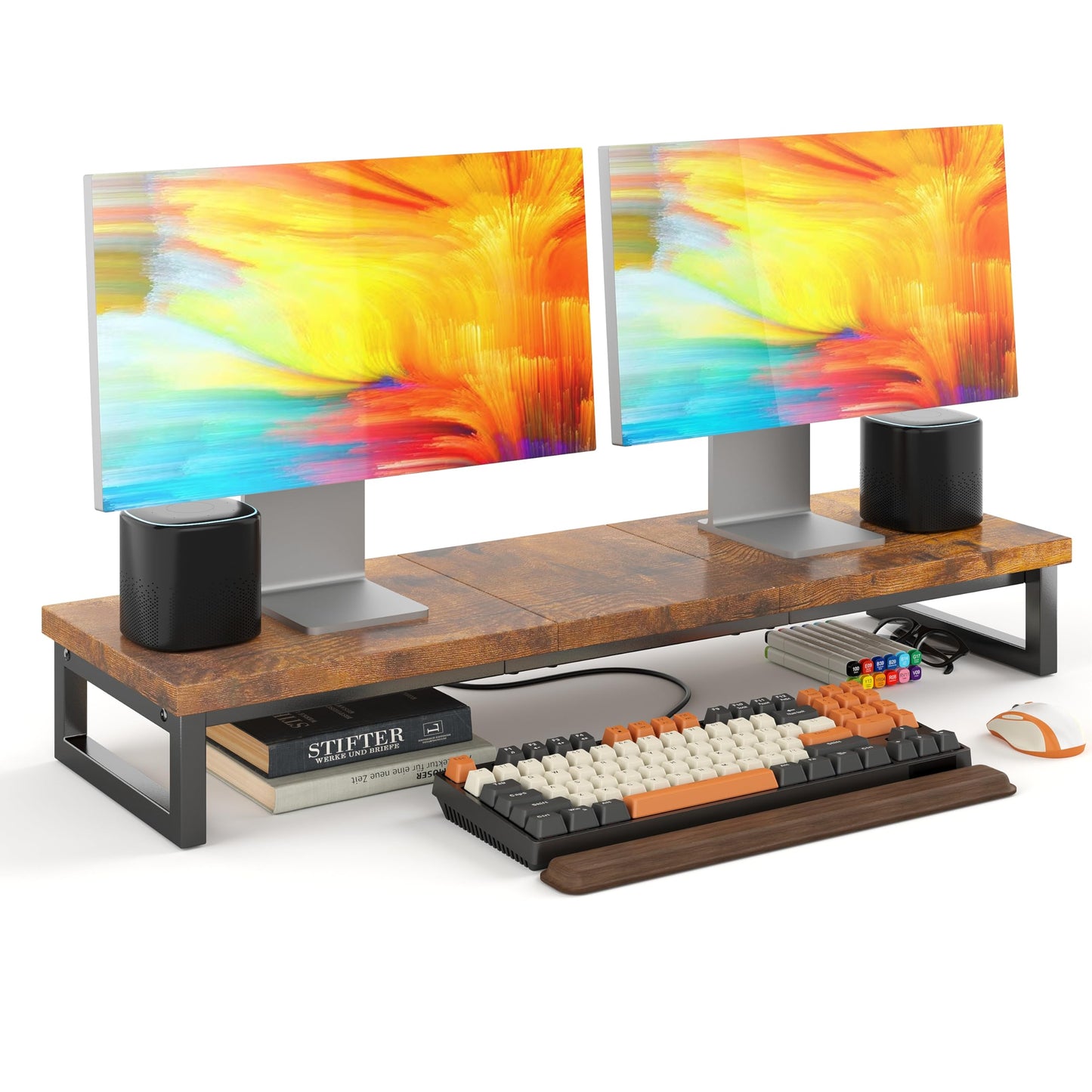 CAIYUN Dual Monitor Stand Riser, 39 inch Desk Riser Organizer for Computer, Laptop, Printer, Brown TV Screen Riser