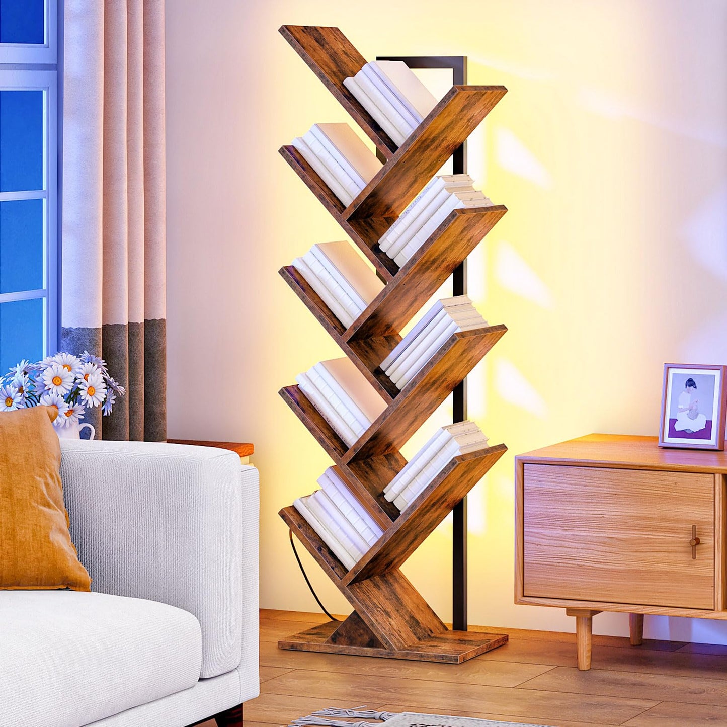 HOOBRO Tree Bookshelf, 9-Tier Bookcase with LED Lights, Space-Saving Book Shelf, Holds Books, CDs, Floor Standing Bookcase for Office, Living Room, Bedroom, Rustic Brown and Black BF08DSJ01