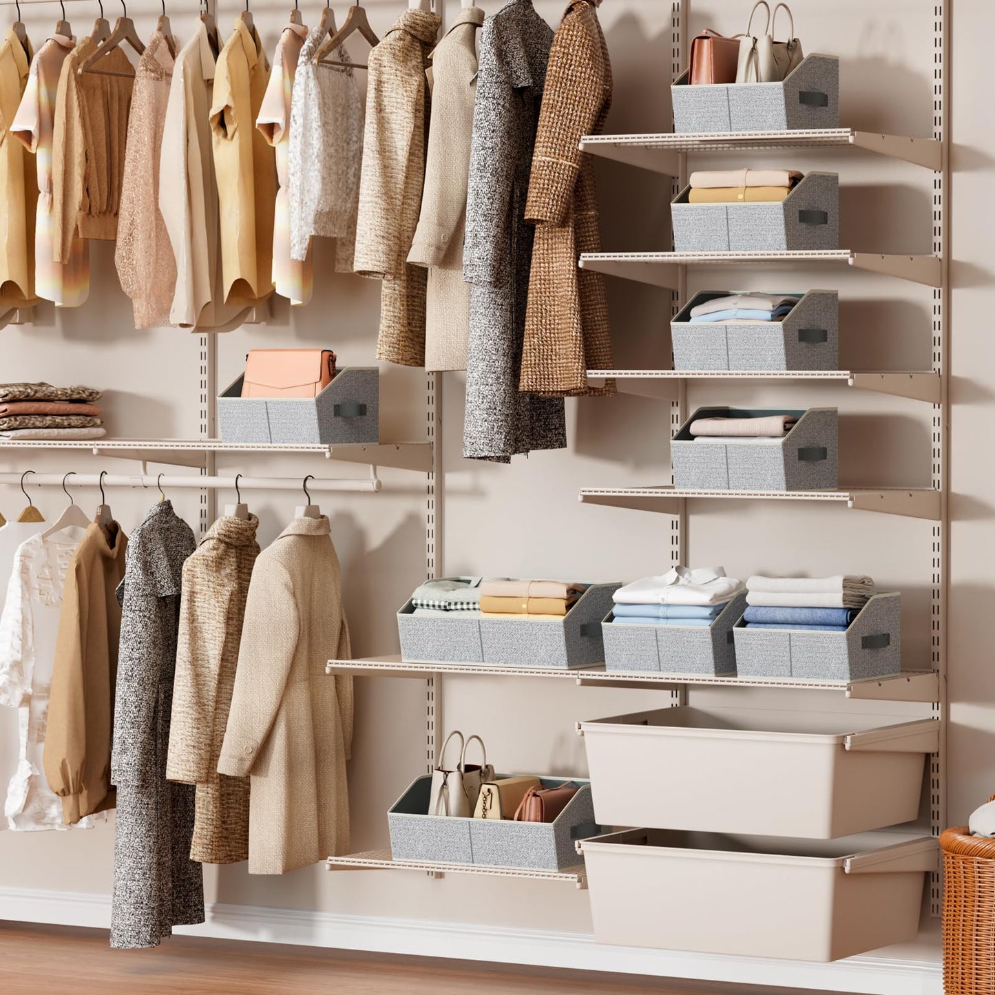 DIMJ Closet Organizers Bins Shelves - 6 Pack Foldable Storage Baskets with Handles, Fabric Trapezoid Storage Bin Organization for Clothes,Towels, Ant Grey
