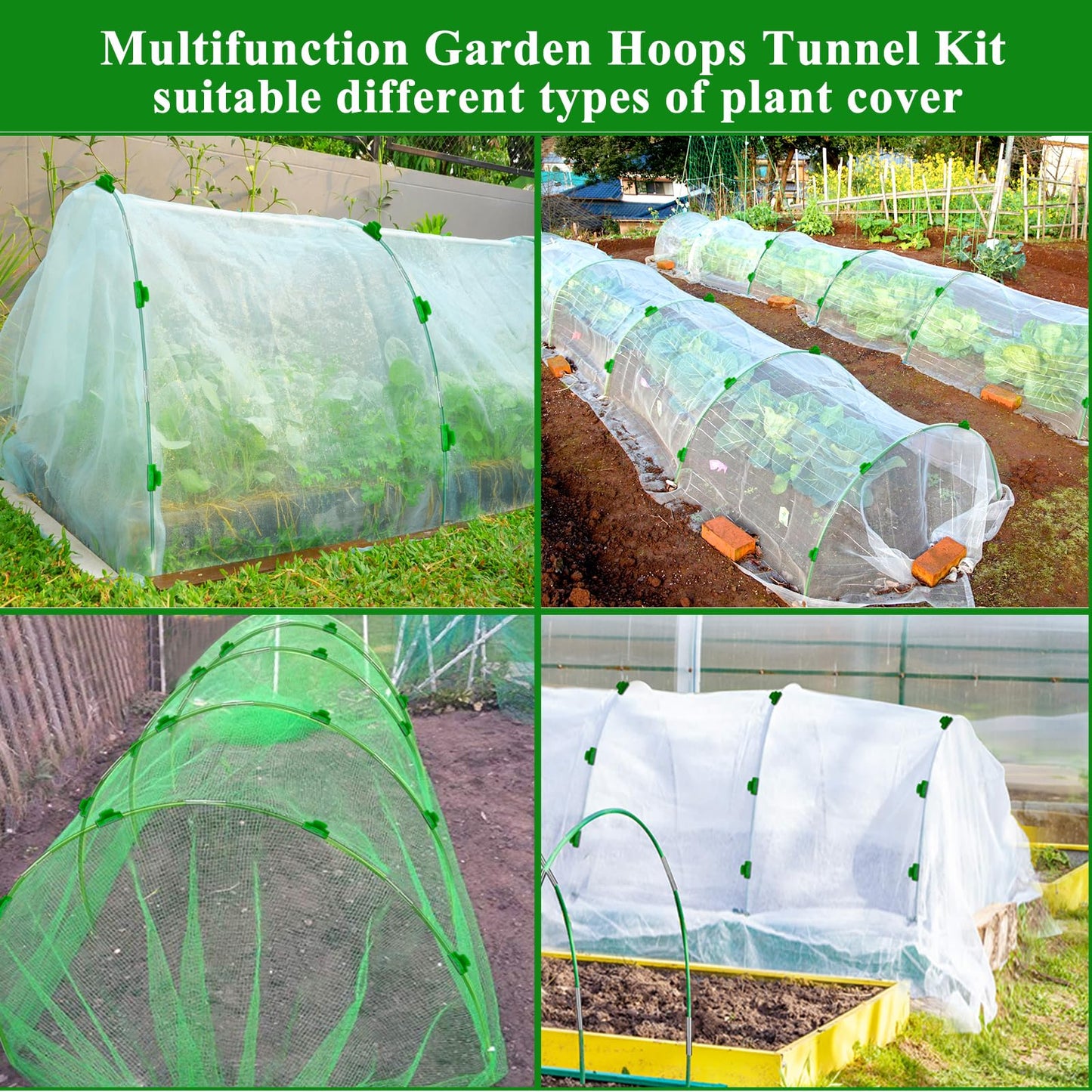 WYRJXYB 60Pcs Greenhouse Hoops Grow Tunnel for Raised Beds Netting,Flexible Garden Hoop Kit, Rust-Free Fiberglass Garden Hoops Frame for Graden Bed Plant Row Cover,DIY Plant Support Stakes-40Pcs Clips