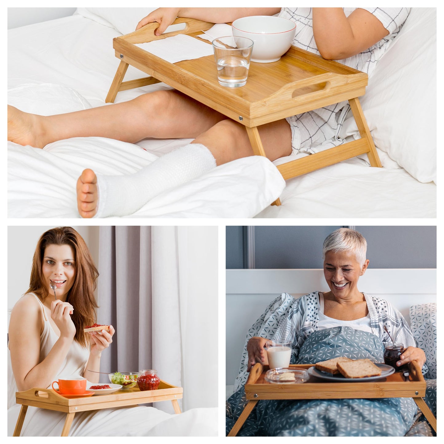 BAMBITION 2 Pack Bed Tray Tables, Bamboo Breakfast Serving Trays with Folding Legs and Handles, Wood Lap Tray Table for Eating on Couch