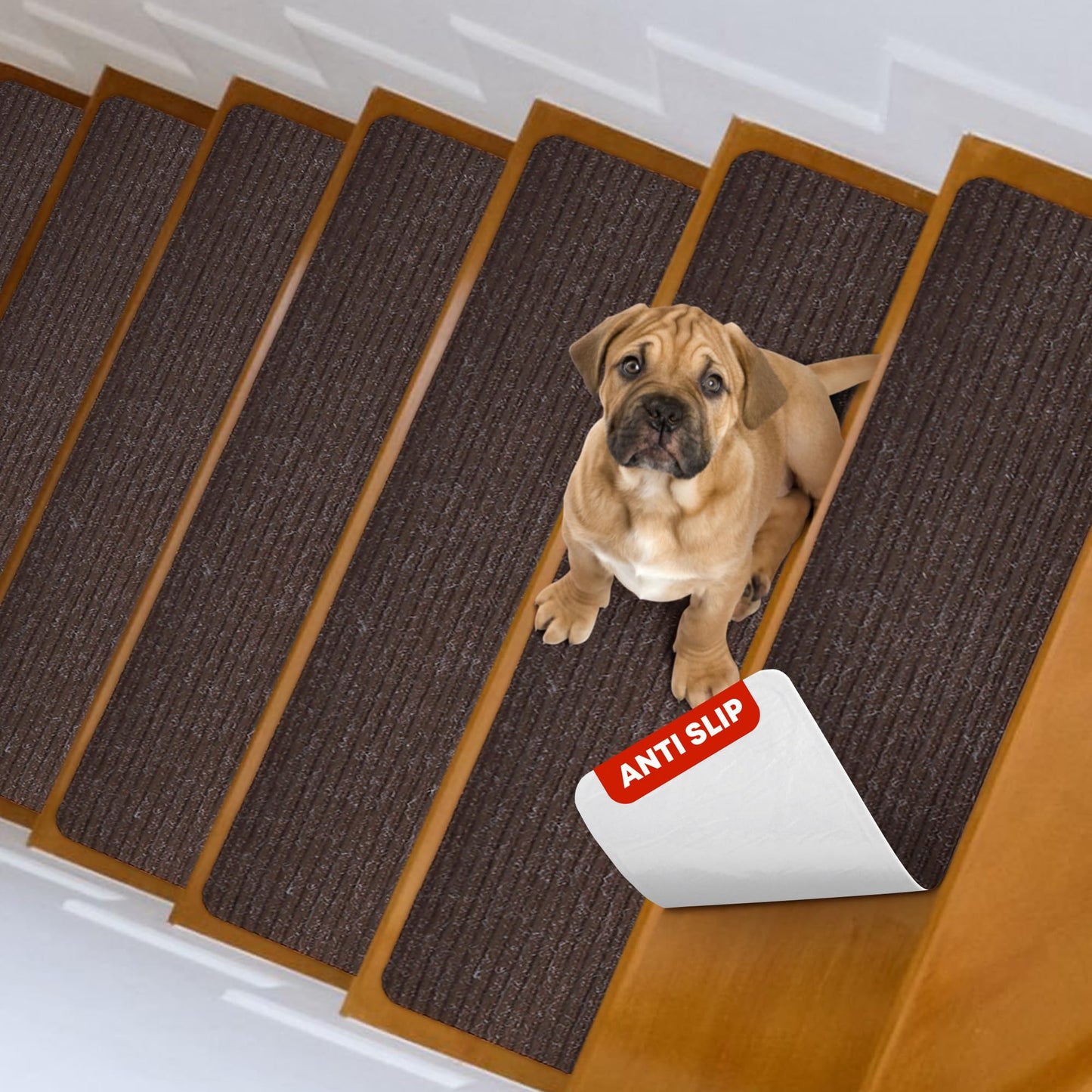 MBIGM 8" X 30" (15 in Pack) Non-Slip Carpet Stair Treads - Non Skid Carpet Safety Rug Slip Resistant Stair Tread Runner for Kids Elders & Pets with Reusable Adhesive - Brown - Anti Slip Stair Treads