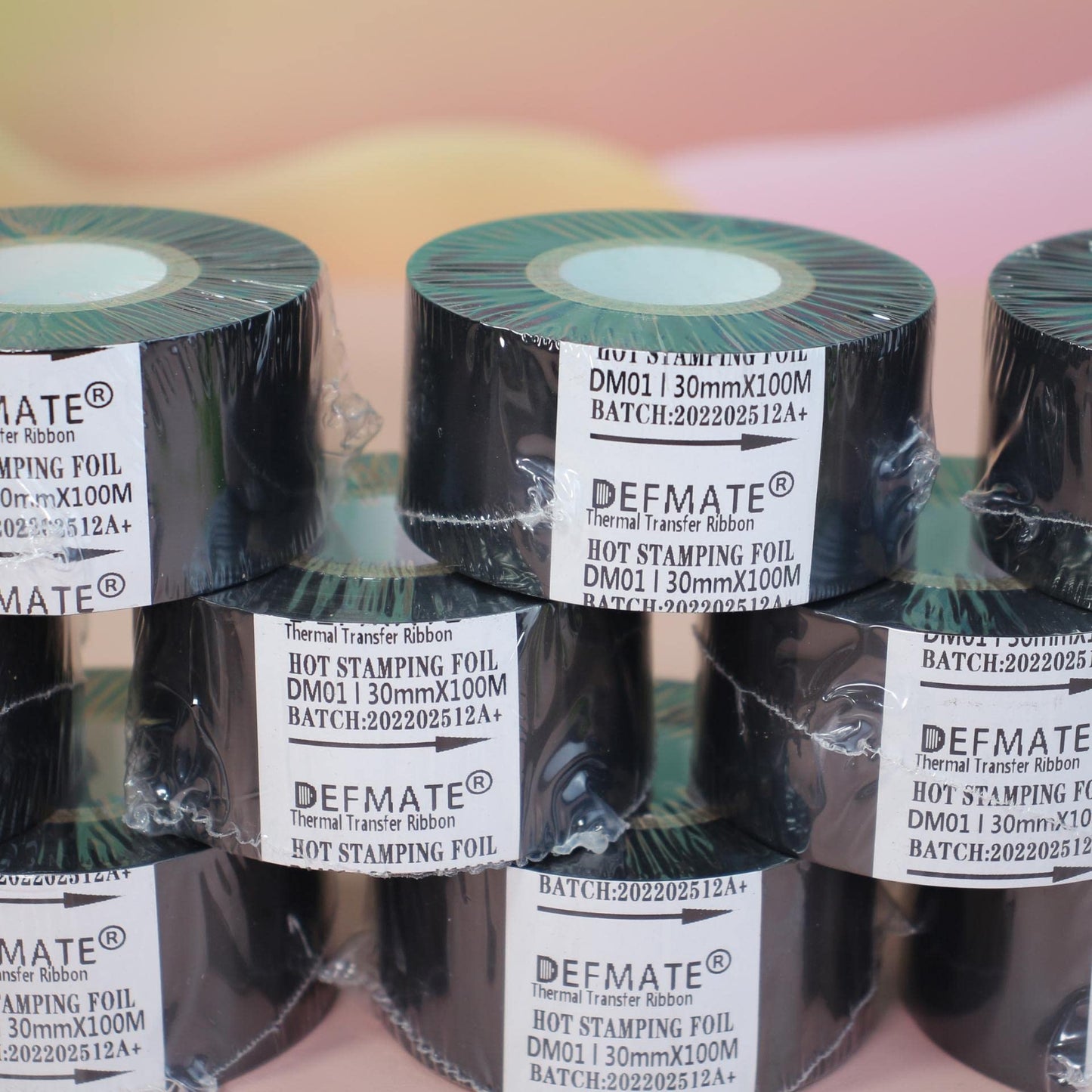DEFMATE 12 Rolls 30mm x 100m Black Hot Stamping Foil Thermal Transfer Ribbon Resin for Coder Printer Machine, Black Color Ribbon for Coding Machine