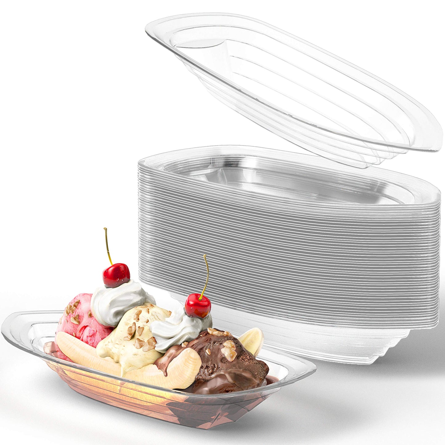 Super Fun Recyclable Banana Split Boats 50 Pk. Best Long Bowls 350ml Disposable Ice Cream Sunday Plastic Cups Perfect for a Social Birthday Party or Kids Large