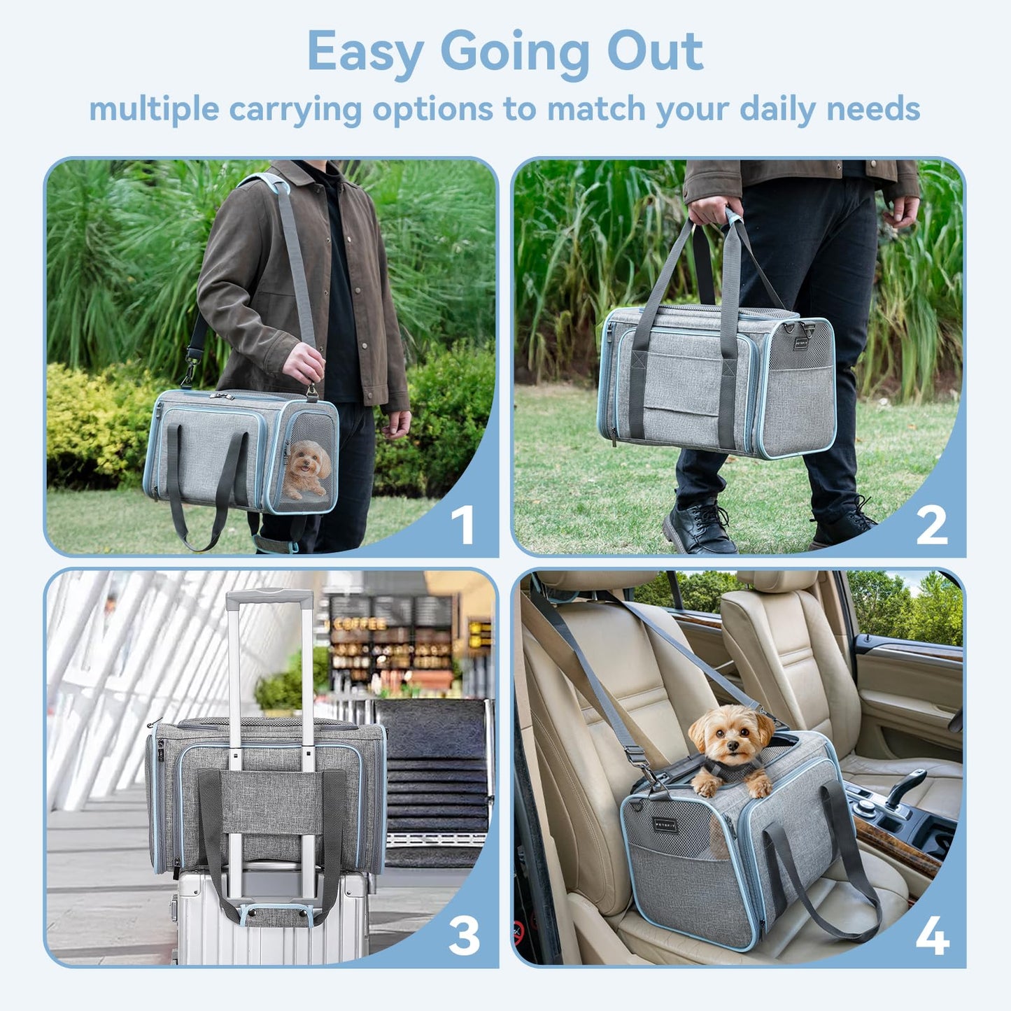 Petsfit Expandable Cat Carrier Dog Carrier,Airline Approved Soft-Sided Portable Pet Travel Washable Carrier for Kittens,Puppies,Removable Soft Plush mat and Pockets,Locking Safety Zippers