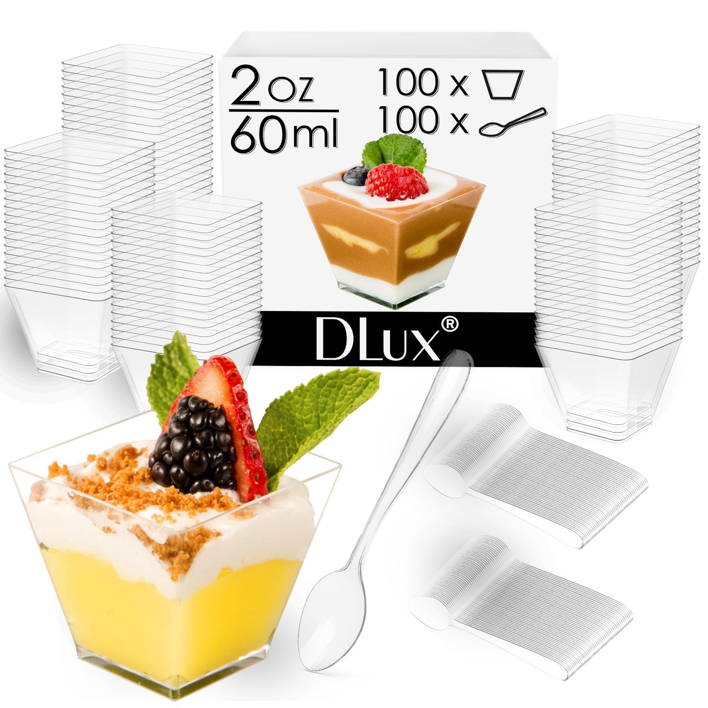 DLux 100 x 2 oz Mini Dessert Cups with Spoons, Square Short - Clear Plastic Parfait Appetizer Cup - Small Reusable Serving Bowl for Tasting Party Desserts Appetizers - with Recipe Ebook