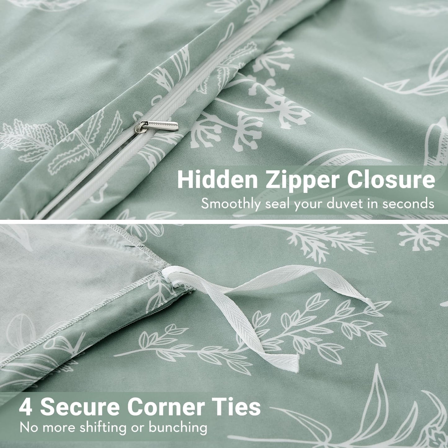 MUXHOMO Duvet Cover King Size, Reversible Floral Green Duvet Cover Set with Zipper Closure, 3 Pieces Botanical Patterns Soft Microfiber Bedding Set with 4 Ties (90"x104", 2 Pillow Cases)