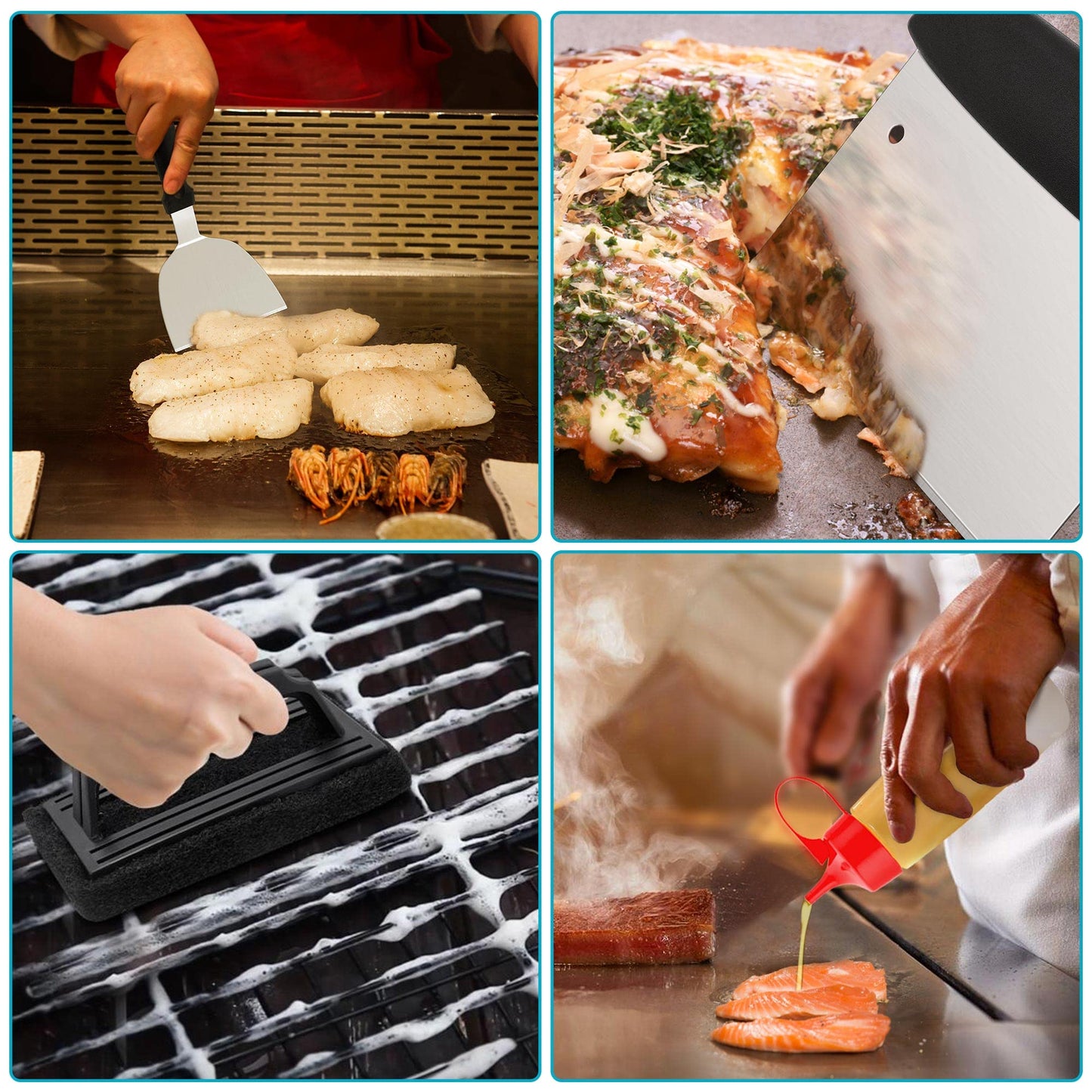 Leonyo 14 Pack Grill Accessories, Stainless Steel BBQ Grill Accessories, Griddle Spatulas, Scraper, Press, Tongs, Brush, Bottles, Hooks, Screwdriver, Carry Bag