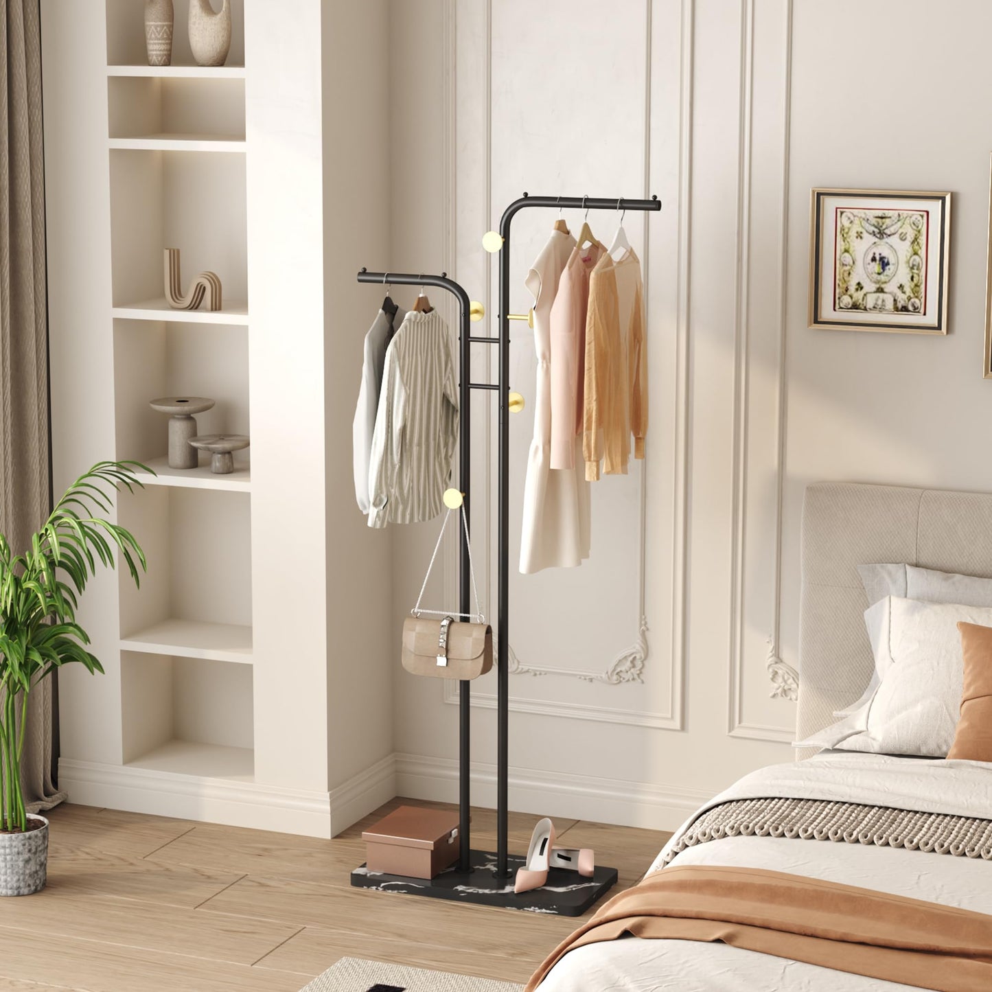 HOMEFORT Double-pole Coat Rack, Freestanding Metal Coat Racks, Clothes Hat Stand with 5 Hooks for Closet, Bedroom, Entryway, Living Room, Black