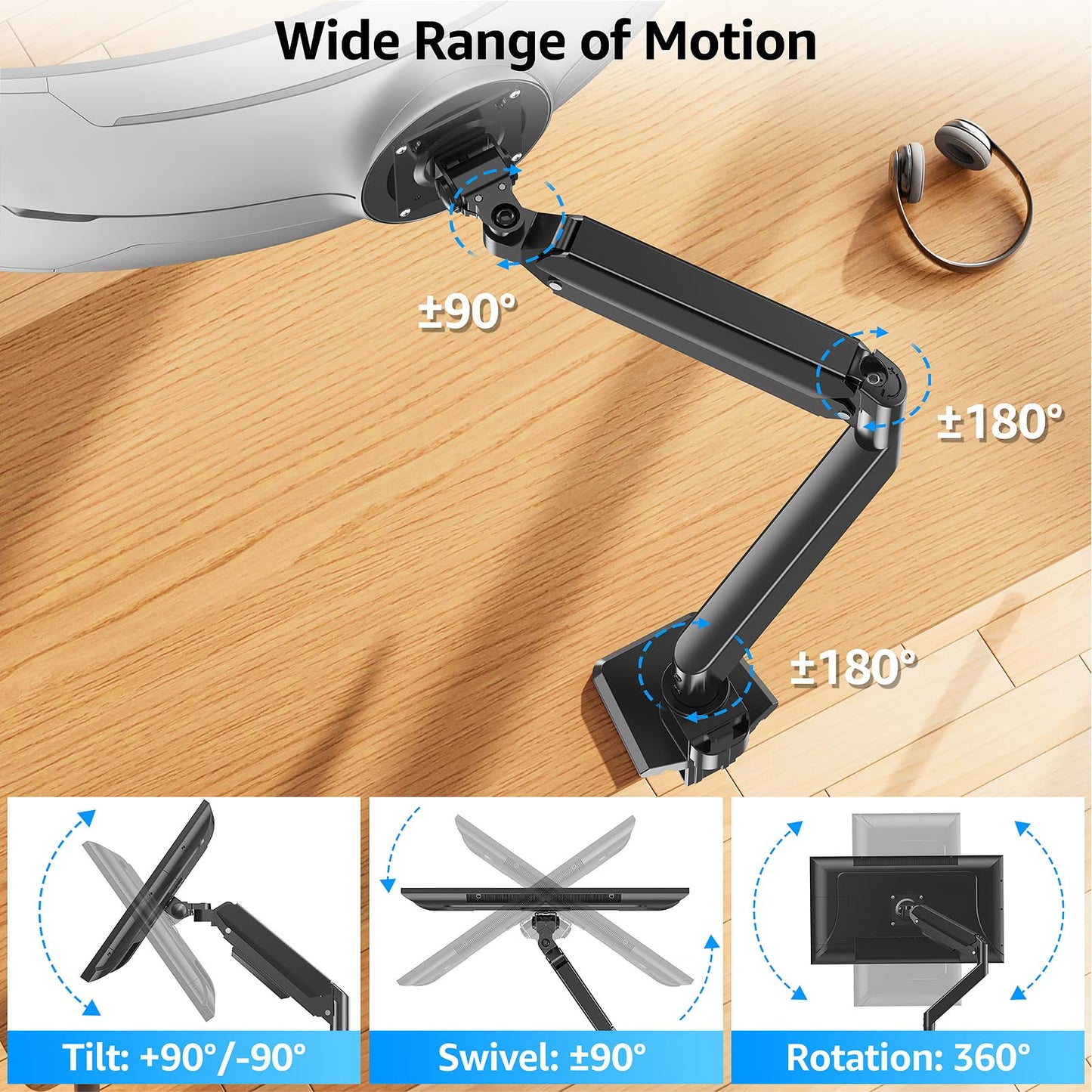 MOUNTUP Heavy Duty Monitor Arm for 49 inches, 44 lbs Curved Screens, Ultrawide Single Monitor Desk Mount, Monitors Stand for Samsung Odyssey G9 and More, VESA Mount with Clamp & Grommet Base