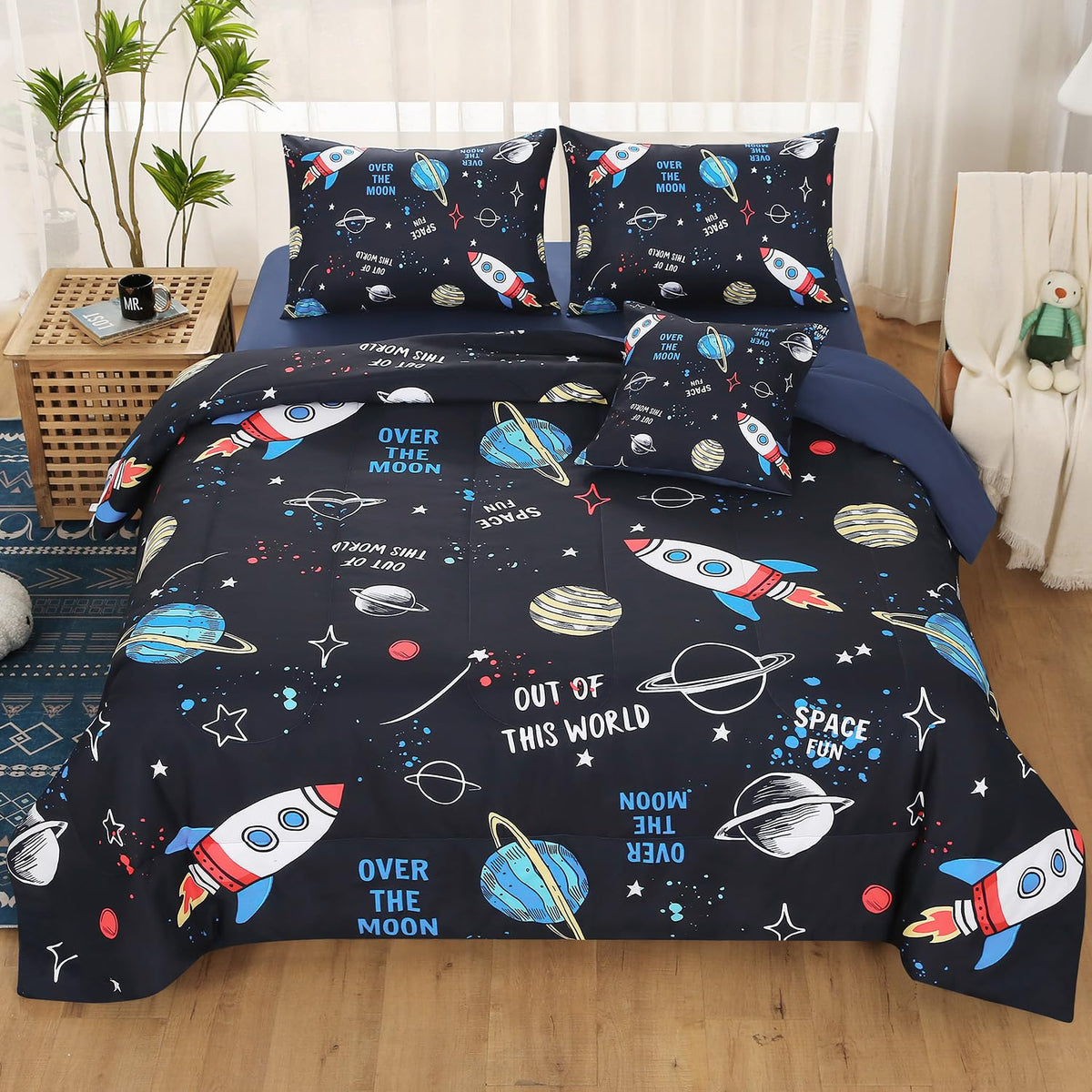 JQinHome Full Space Comforter Set for Kids,6 Piece Bed in A Bag 3D Galaxy Space Rocket Planets Bedding Set for Teens Boys Girls (1 Comforter,2 Pillowcases,1 Flat Sheet,1 Fitted Sheet,1 Cushion Cover)