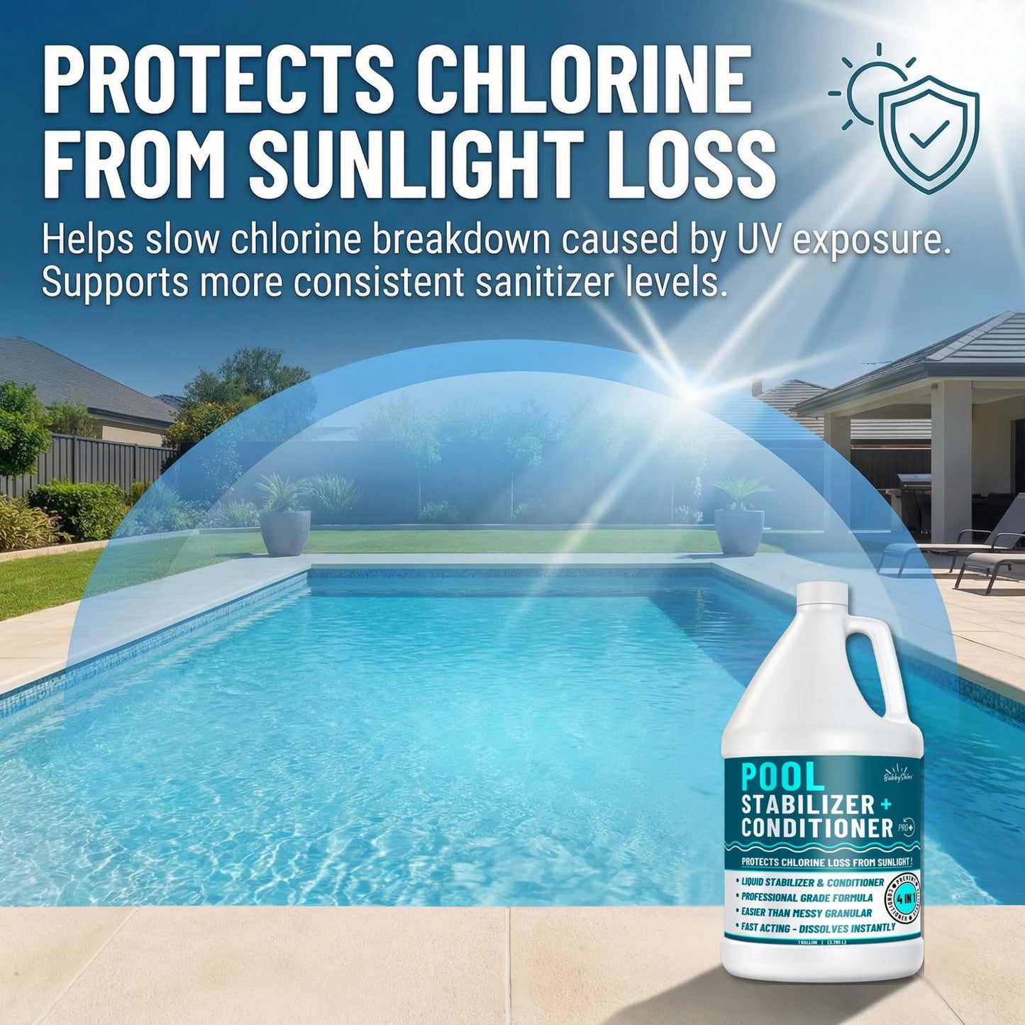 BubbyShine, Pool Stabilizer - Cyanuric Acid Pool Stabilizer, Liquid Chlorine Stabilizer for Pool Chemicals, Swimming Pool Conditioner Stabilizer, Pool Stabilizer for Salt Pool & Chlorine, 1 Gallon