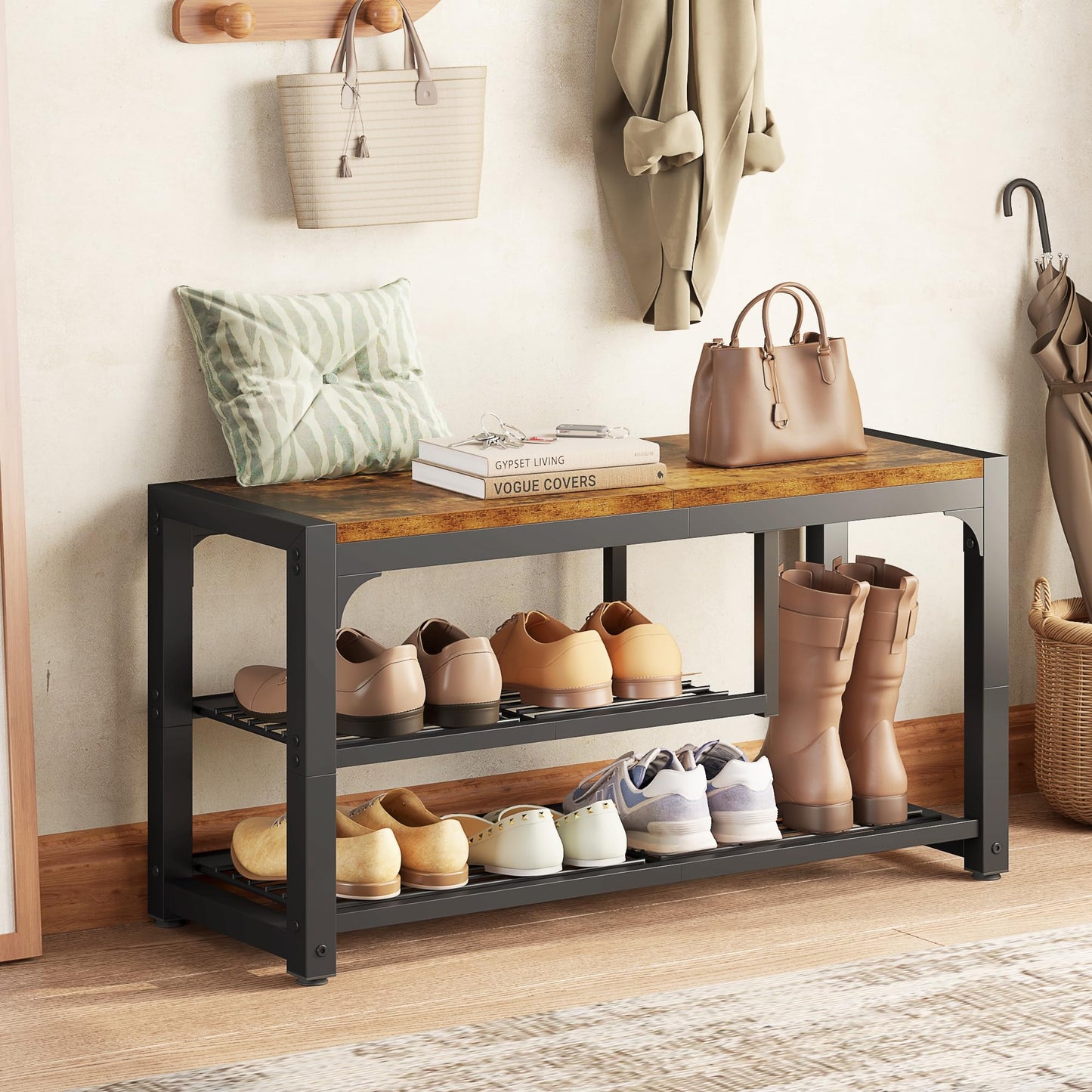 HOMEFORT Shoe Bench,31.5 Inches Shoe Storage Bench for Entryway,3 Tiers Shoe Rack Bench for Front Door Entrance, Industrial Entry Bench with Mesh Shelves and Boot Storage, Rustic Brown