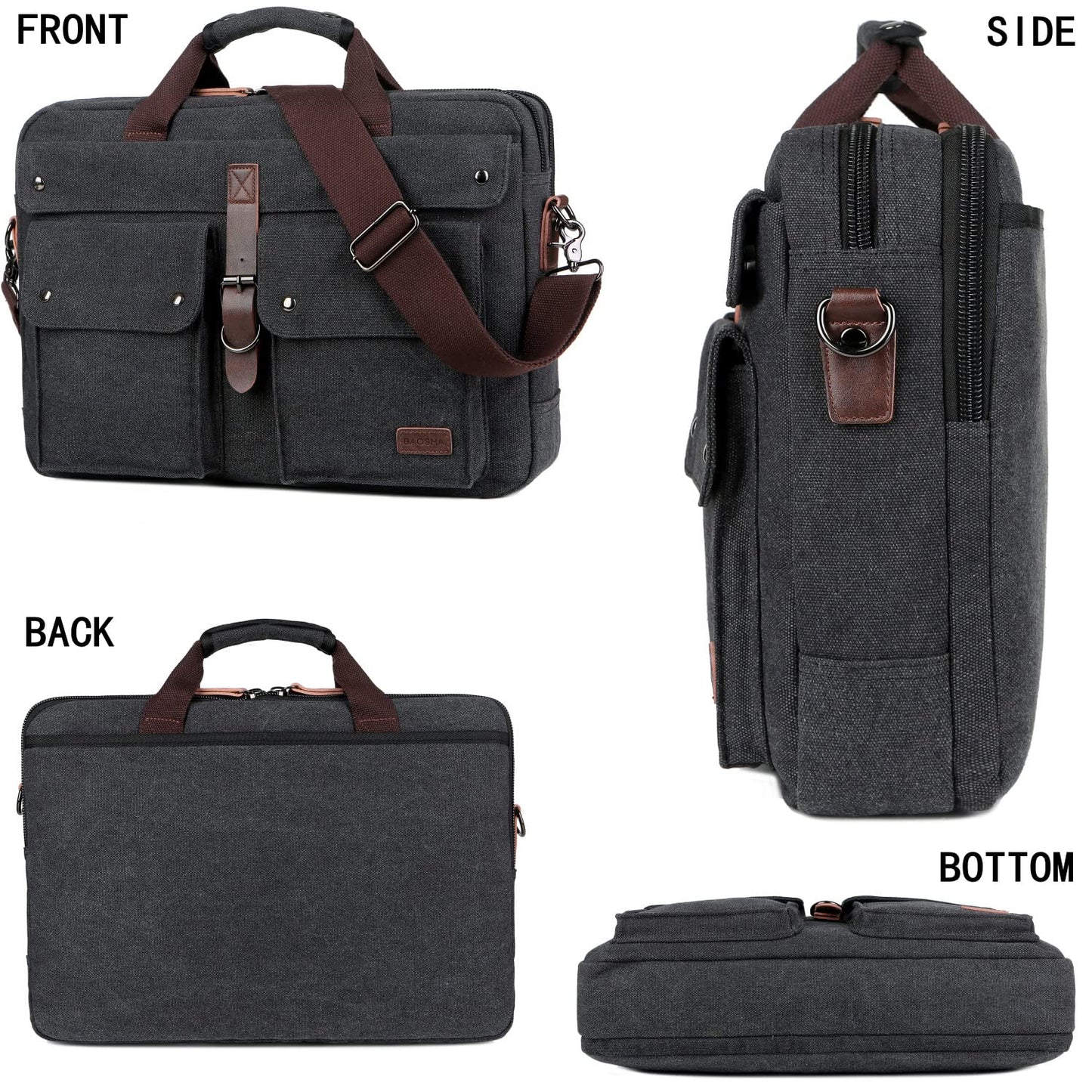Stylish 17 inch Canvas Laptop Bag Messenger Bag Briefcase Vintage Crossbody Shoulder Bag Military Satchel for Men BC-07, Light Black, Medium, Classic